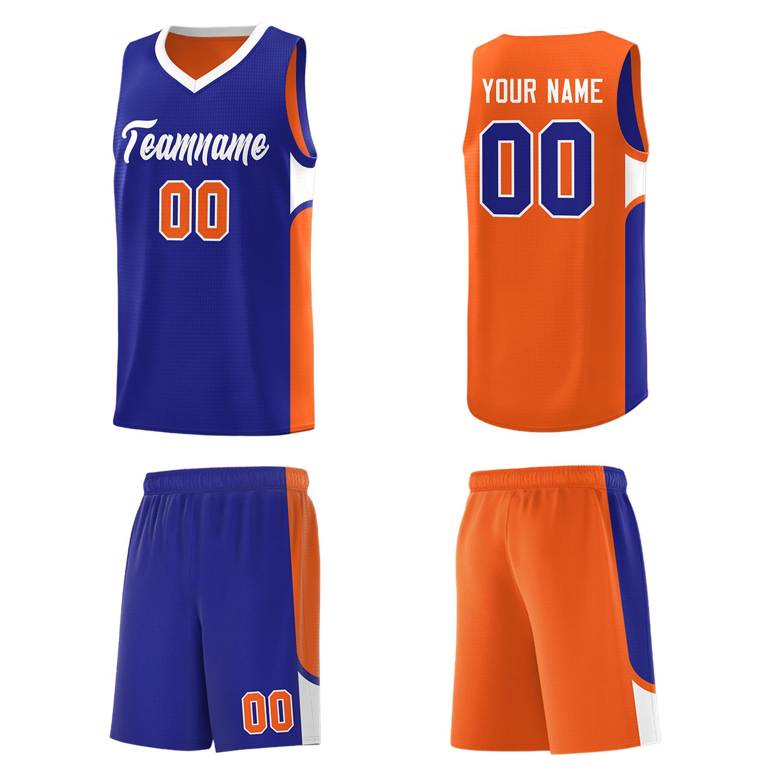 Custom Royal Orange Side U-shaped Patttern Double Side Sports Uniform Basketball Jersey