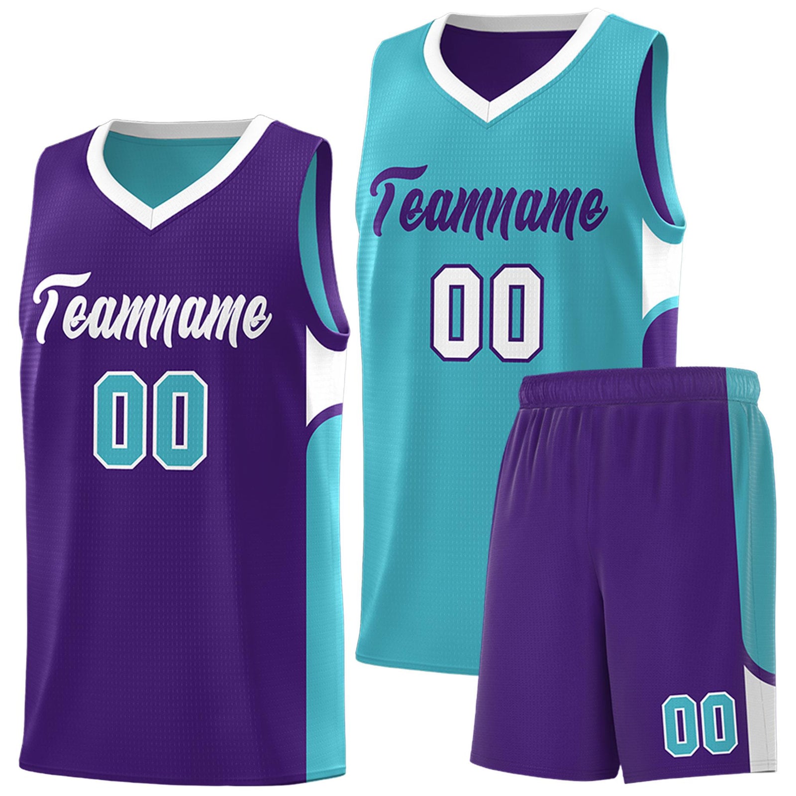 Custom Sky Blue Purple Side U-shaped Patttern Double Side Sports Uniform Basketball Jersey