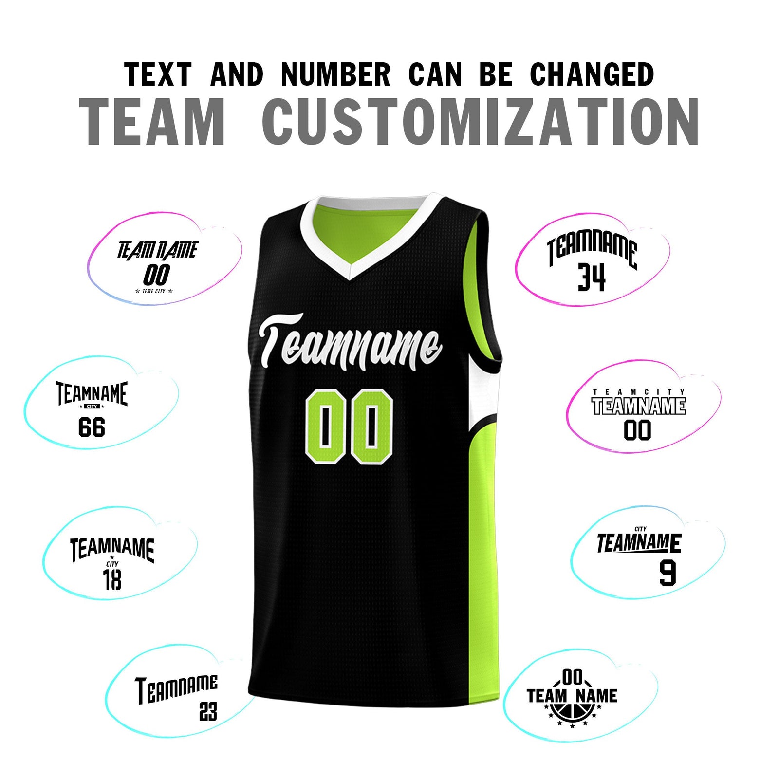 Custom Black Neon Green Side U-shaped Patttern Double Side Sports Uniform Basketball Jersey