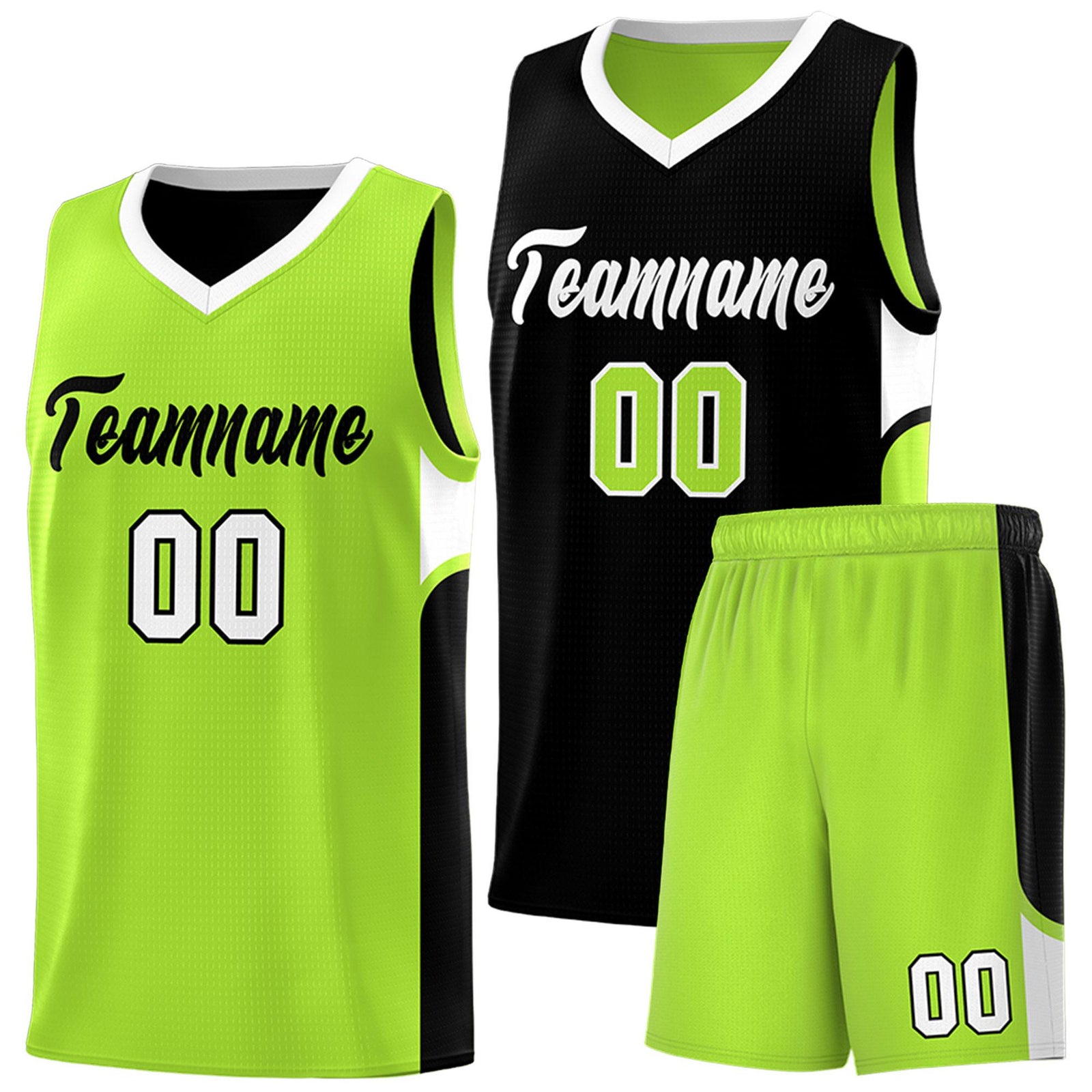 Custom Black Neon Green Side U-shaped Patttern Double Side Sports Uniform Basketball Jersey