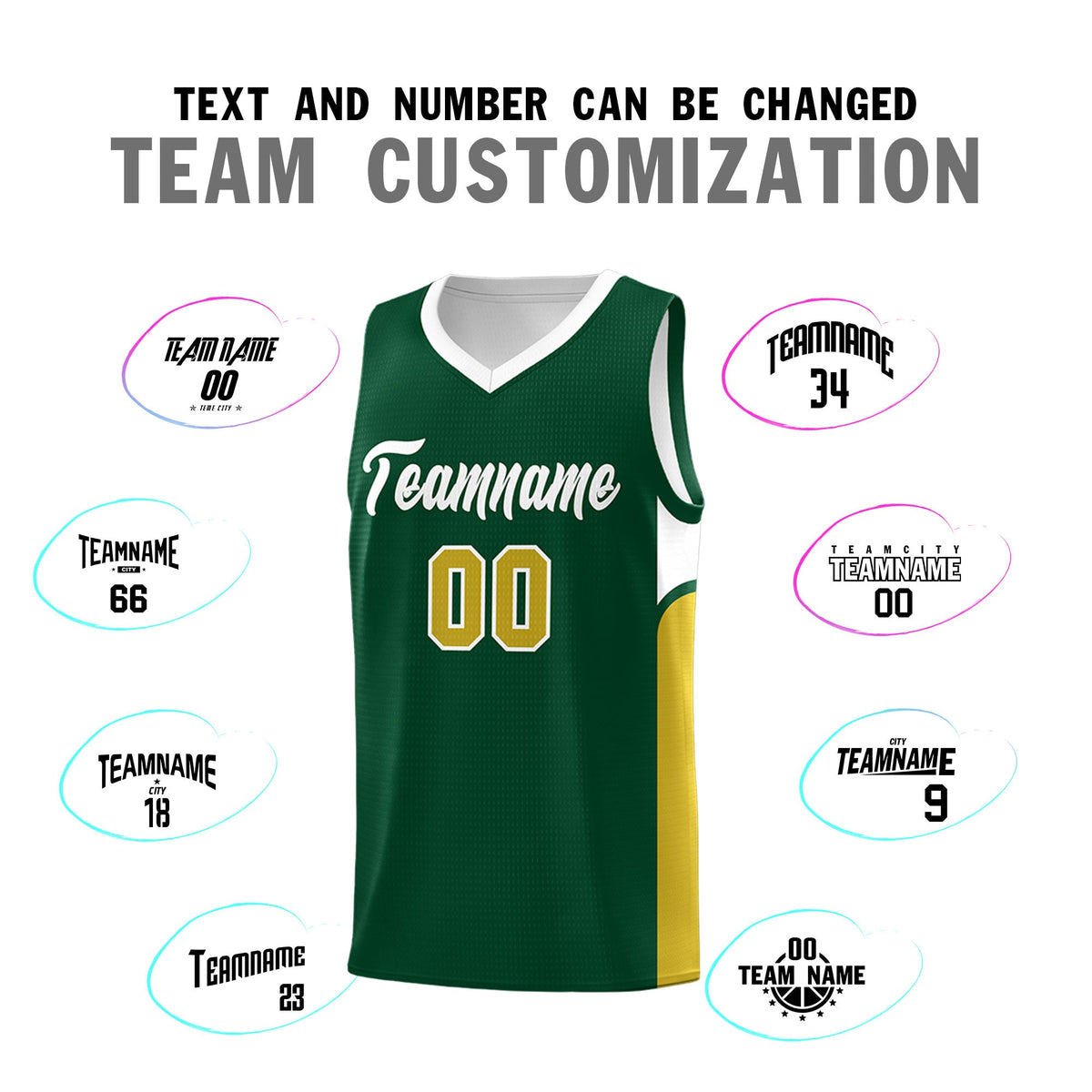 Custom Green White Side U-shaped Patttern Double Side Sports Uniform Basketball Jersey
