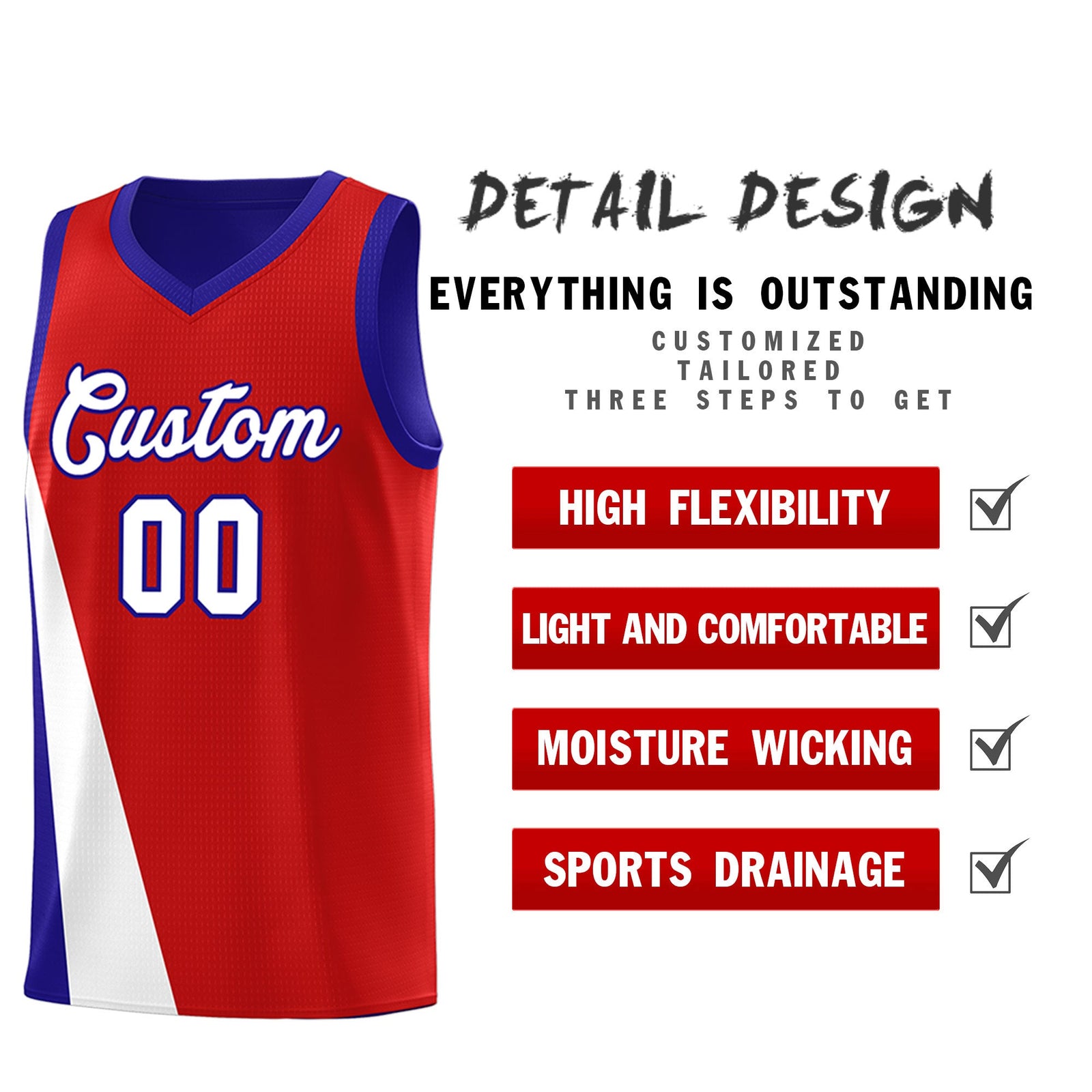 Custom Red Royal Slanting Two Lines Color Block Sports Uniform Basketball Jersey