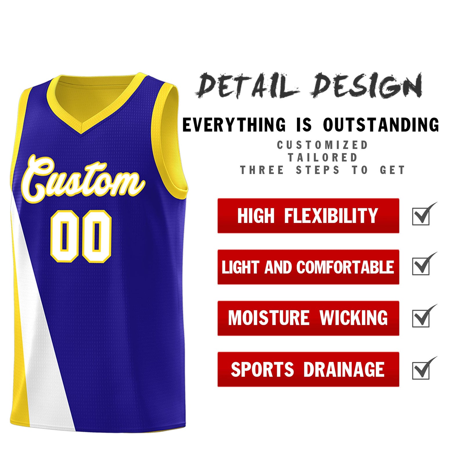 Custom Royal Gold Slanting Two Lines Color Block Sports Uniform Basketball Jersey