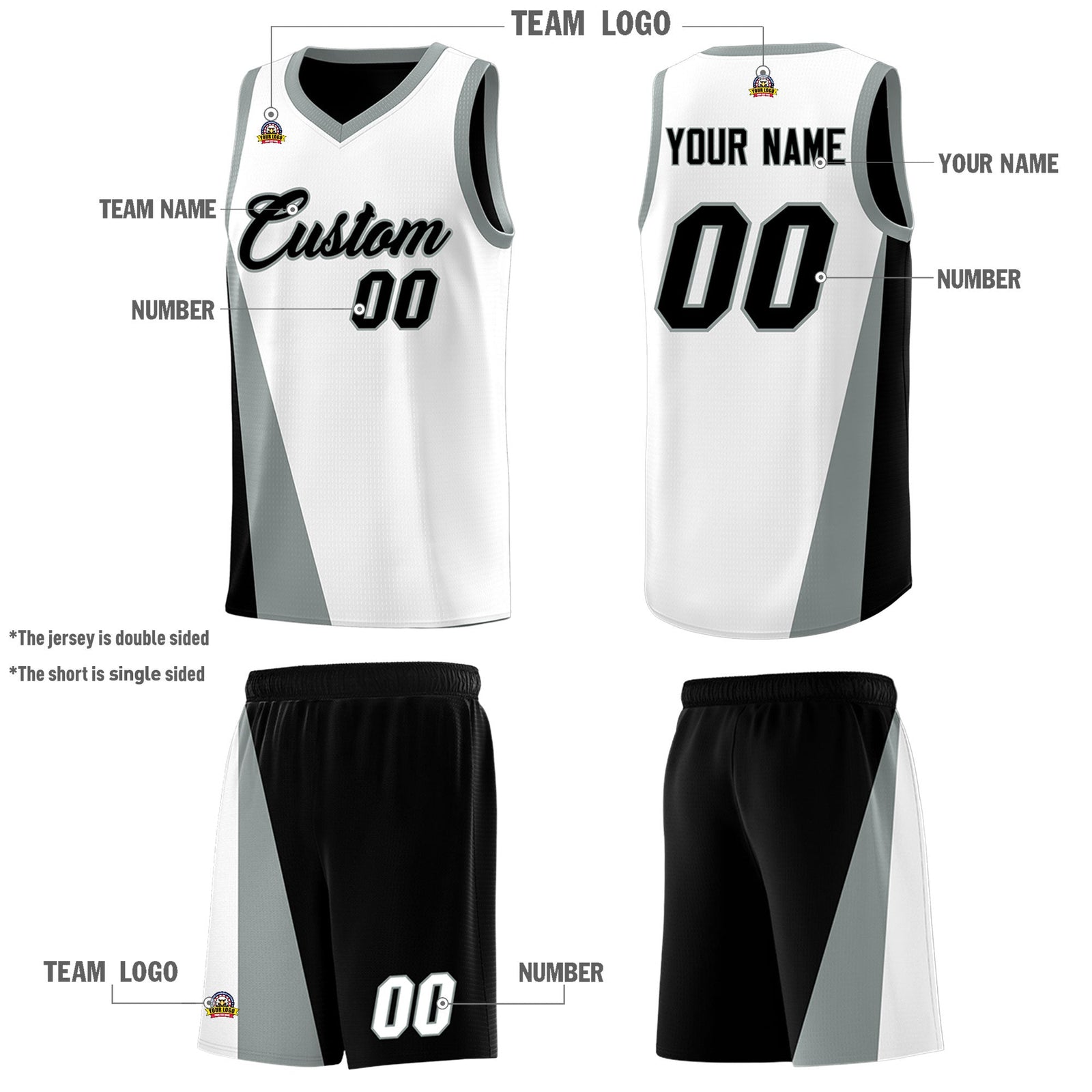 Custom White Black Slanting Two Lines Color Block Sports Uniform Basketball Jersey
