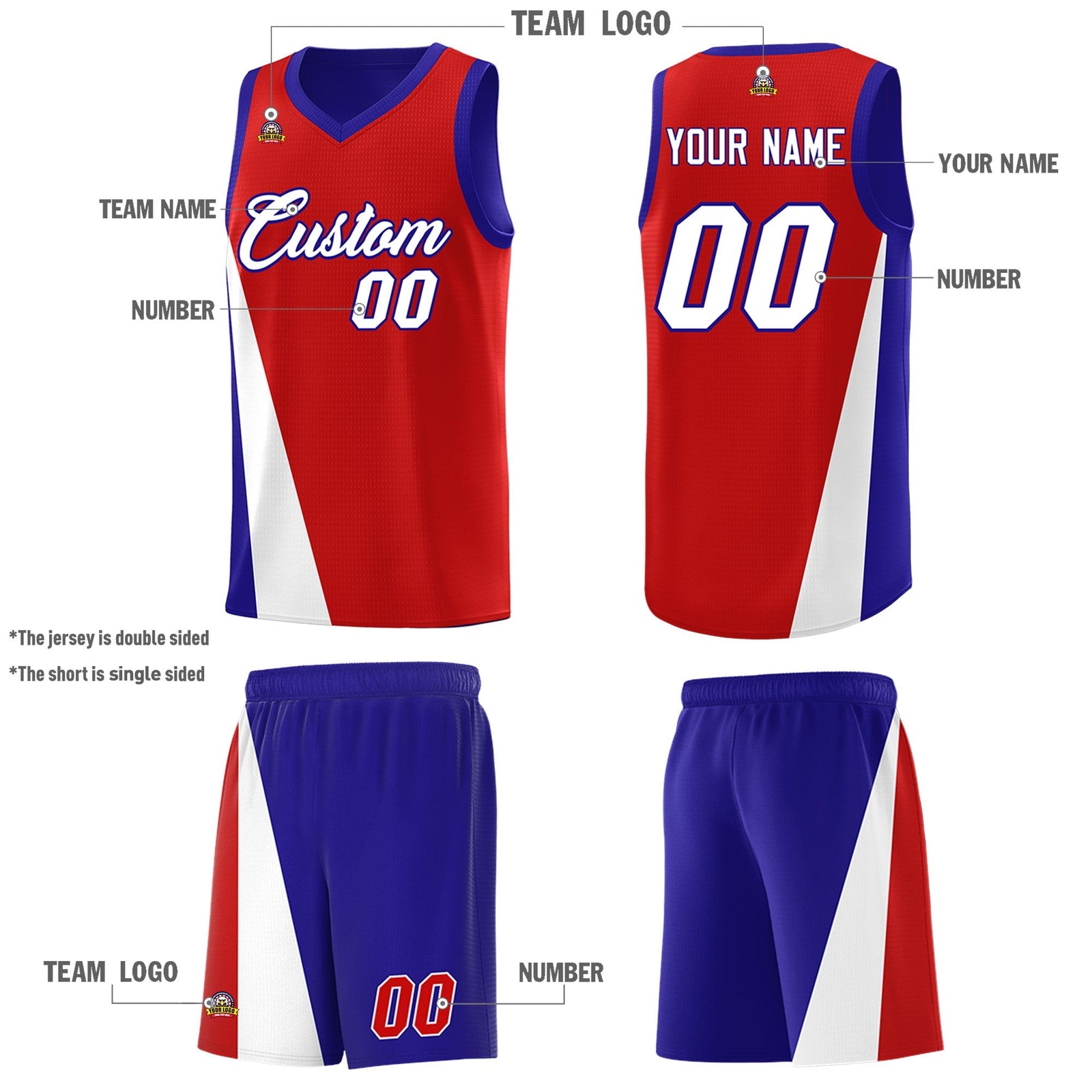 Custom Red Royal Slanting Two Lines Color Block Sports Uniform Basketball Jersey