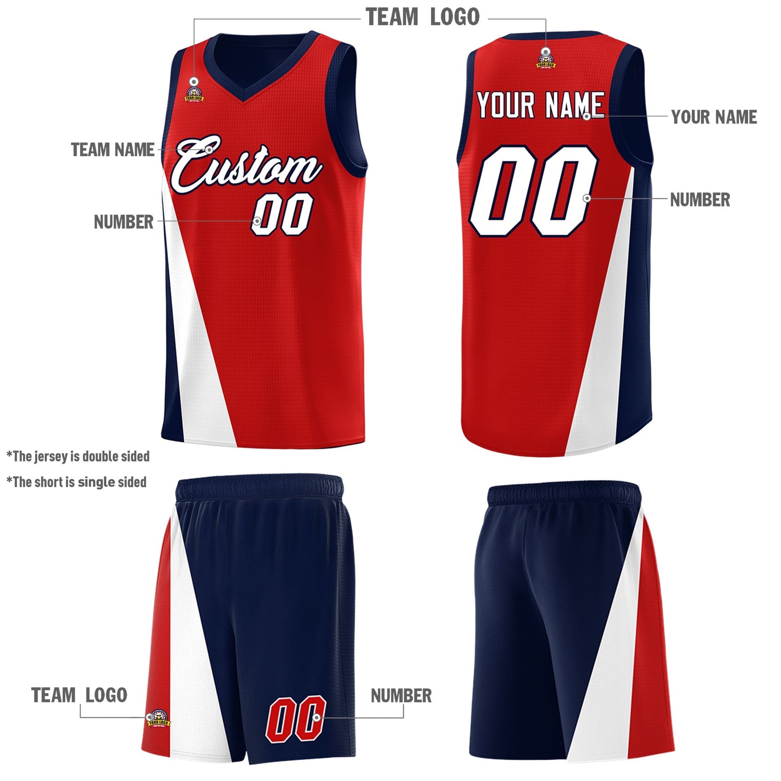 Custom Red Navy Slanting Two Lines Color Block Sports Uniform Basketball Jersey