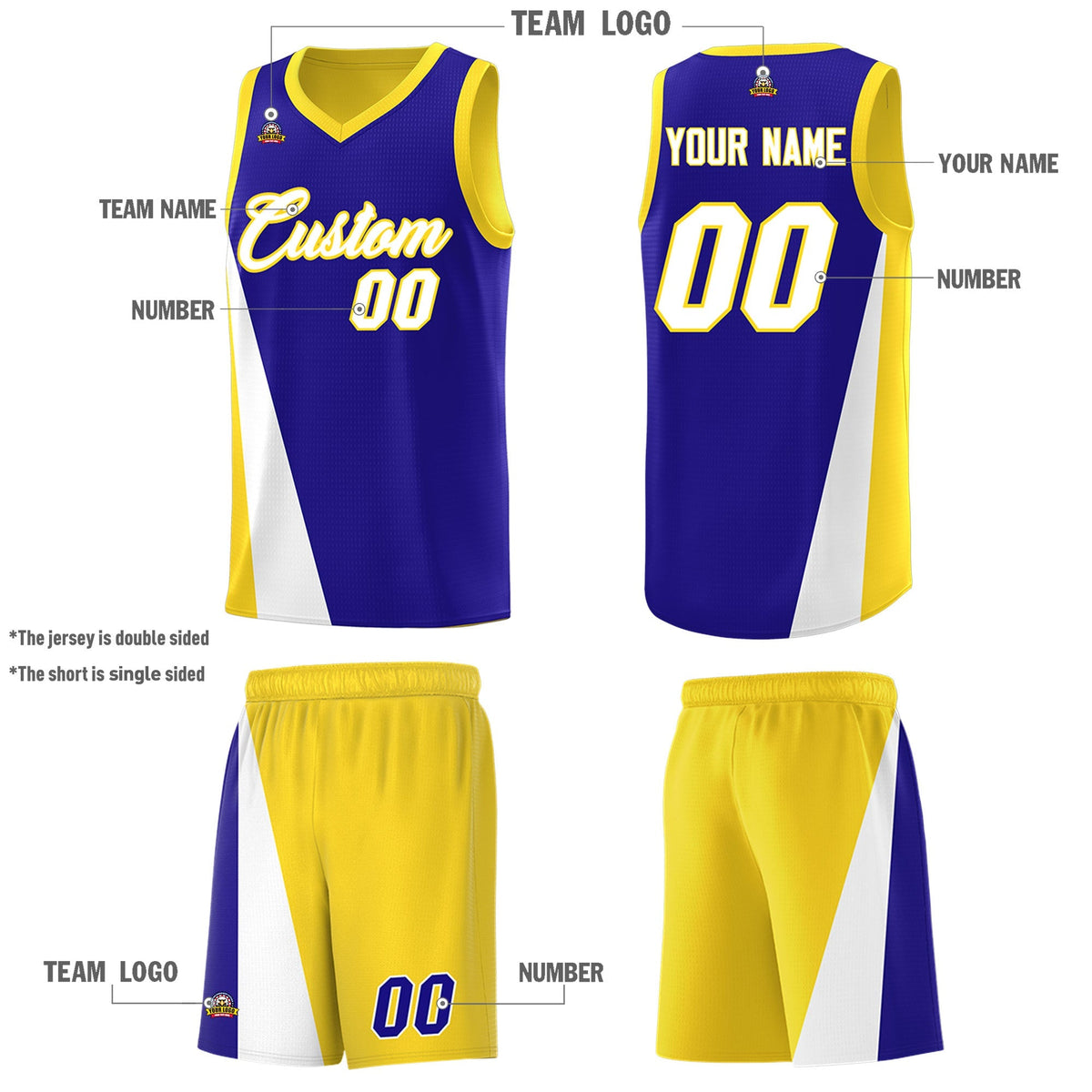 Custom Royal Gold Slanting Two Lines Color Block Sports Uniform Basketball Jersey