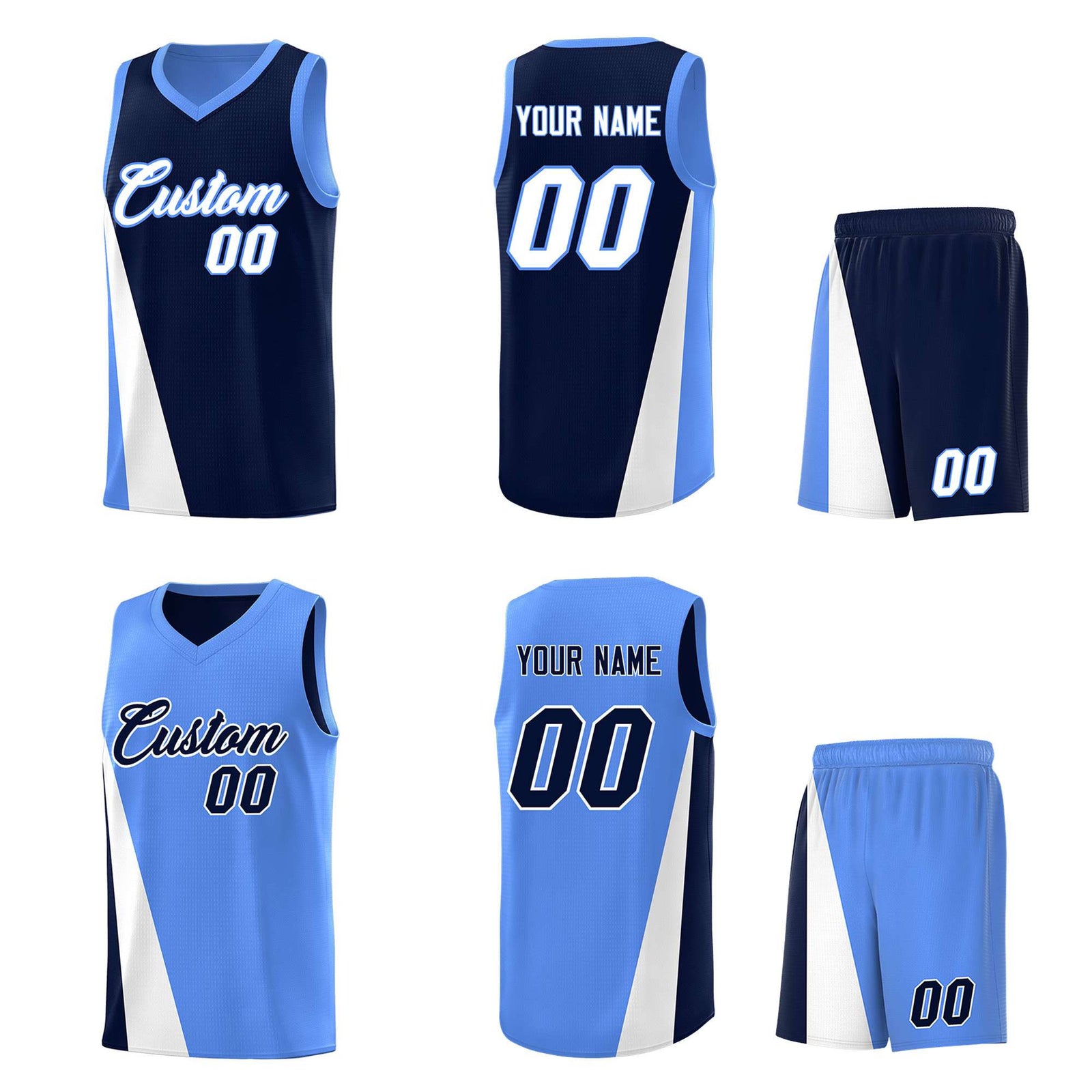 Custom Navy Powder Blue Slanting Two Lines Color Block Sports Uniform Basketball Jersey