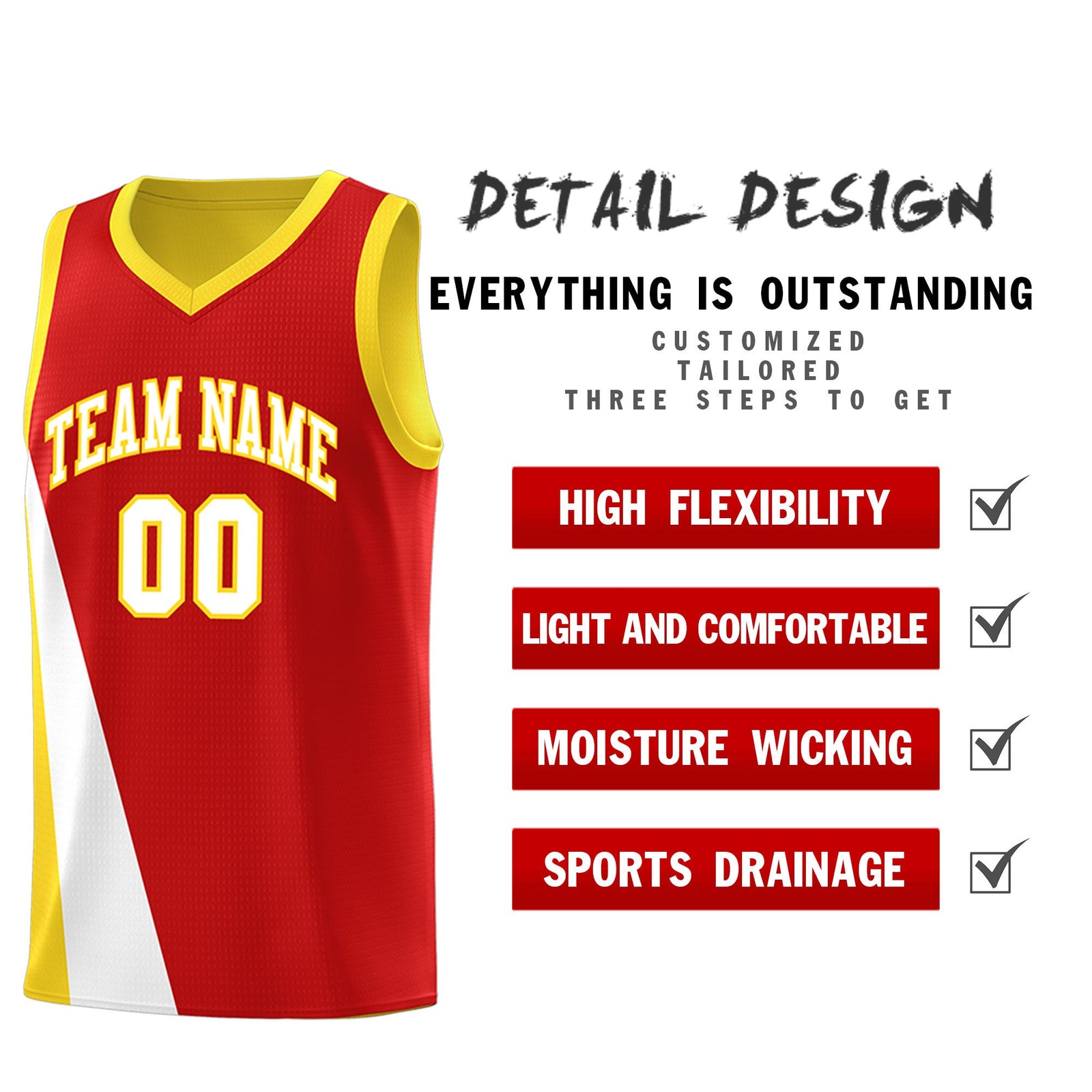 Custom Red Gold Slanting Two Lines Color Block Sports Uniform Basketball Jersey