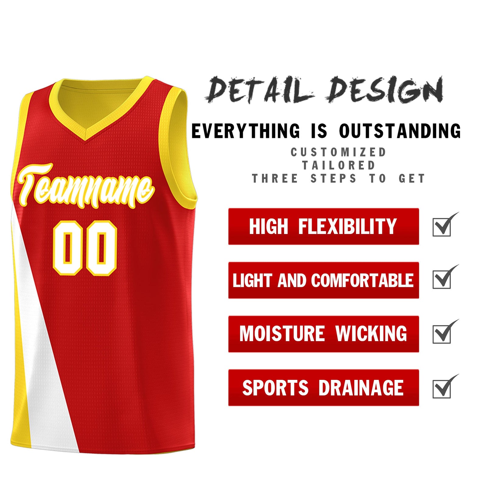 Custom Red Gold Slanting Two Lines Color Block Sports Uniform Basketball Jersey