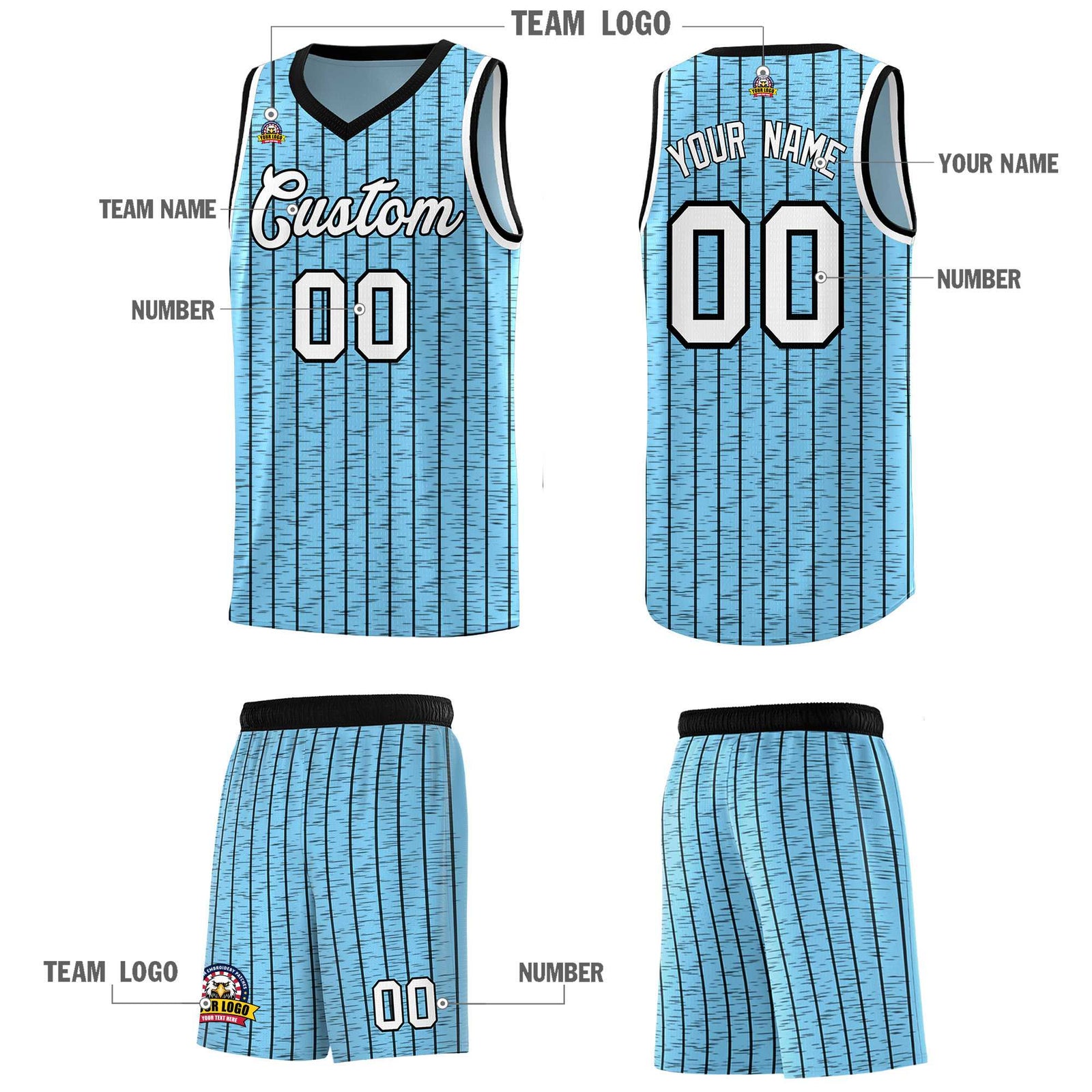 Custom Light Blue Custom Gray Pinstripe Retro Sets Uniform Basketball Jersey
