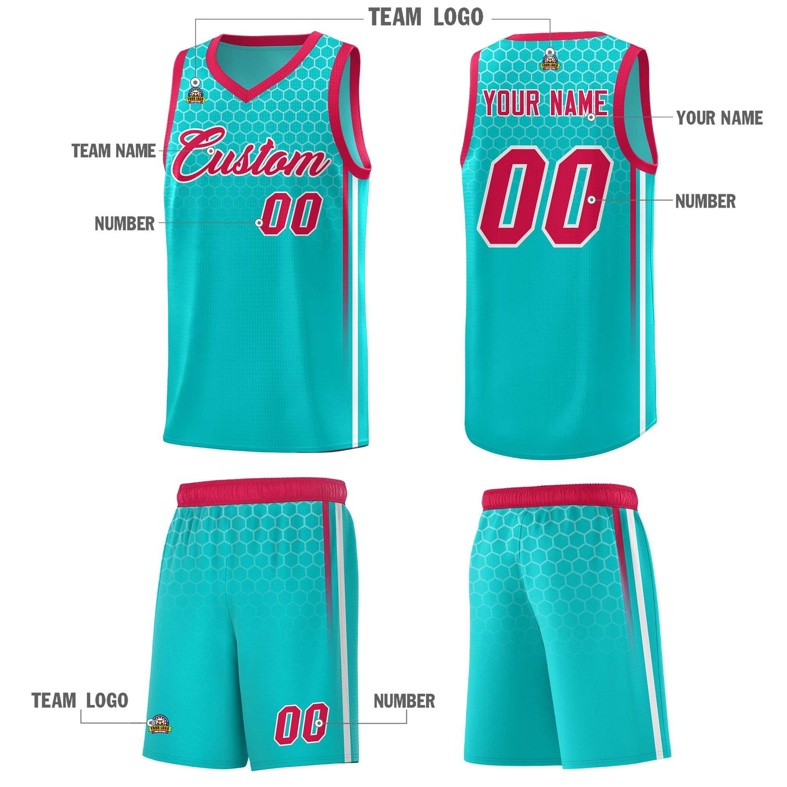 Custom Aqua Personalized Honeycomb Pattern Sports Uniform Basketball Jersey