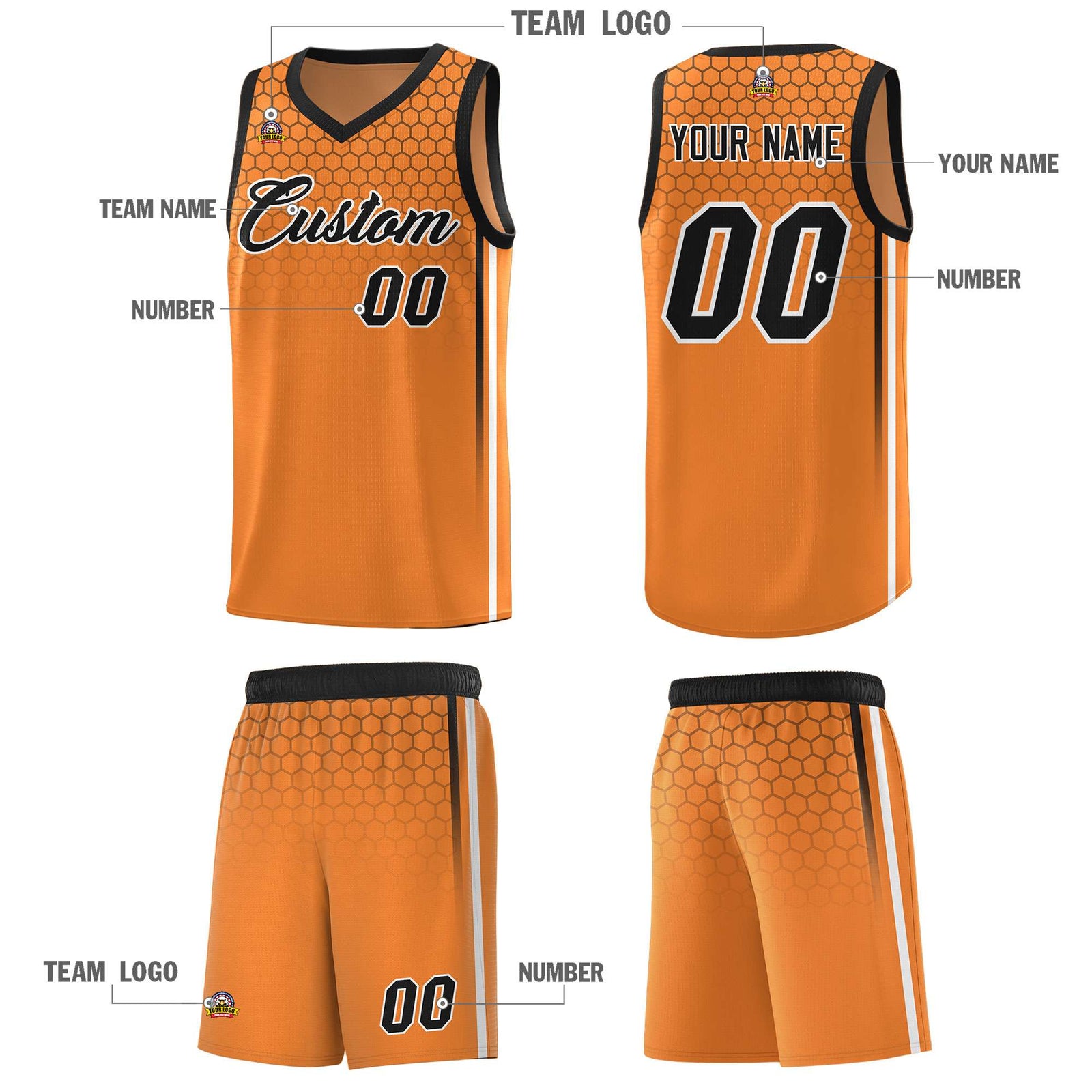 Custom Gold Orange Personalized Honeycomb Pattern Sports Uniform Basketball Jersey