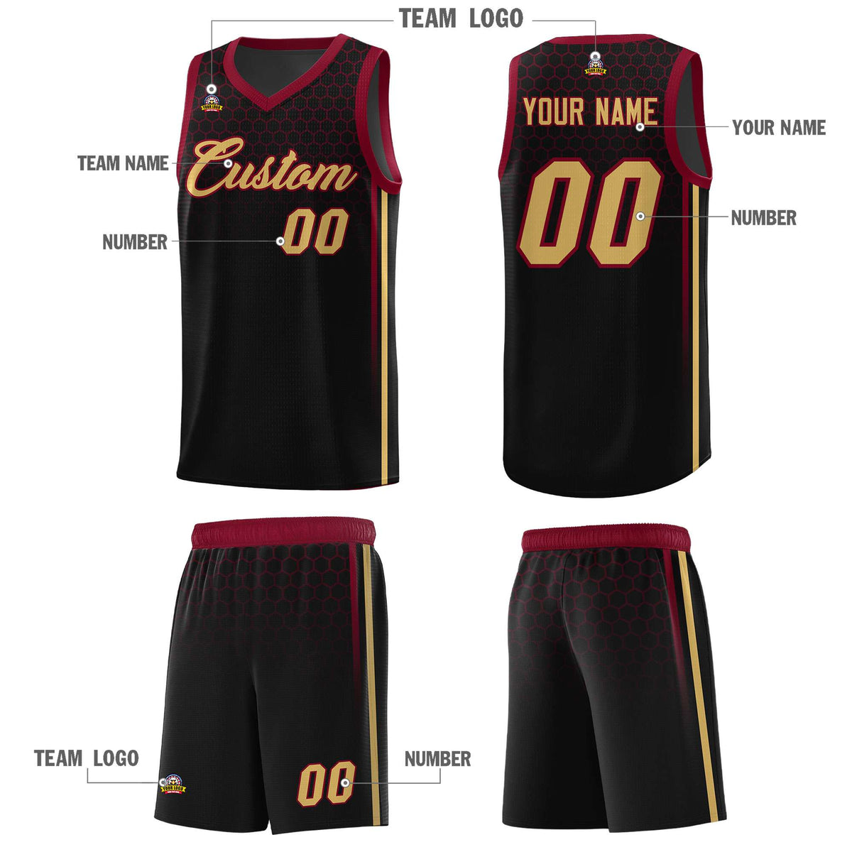 Custom Black Personalized Honeycomb Pattern Sports Uniform Basketball Jersey