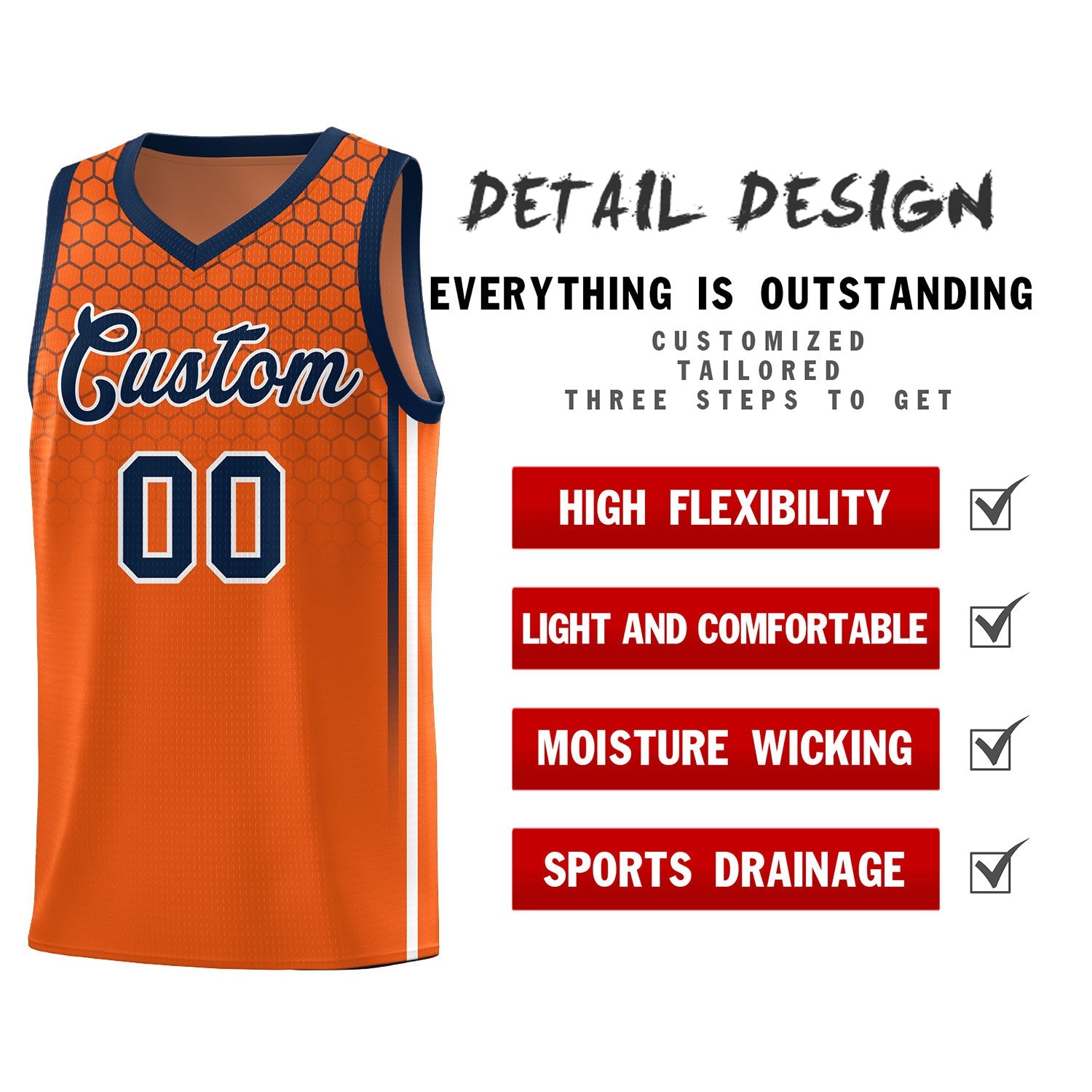 Custom Texas Orange Personalized Honeycomb Pattern Sports Uniform Basketball Jersey