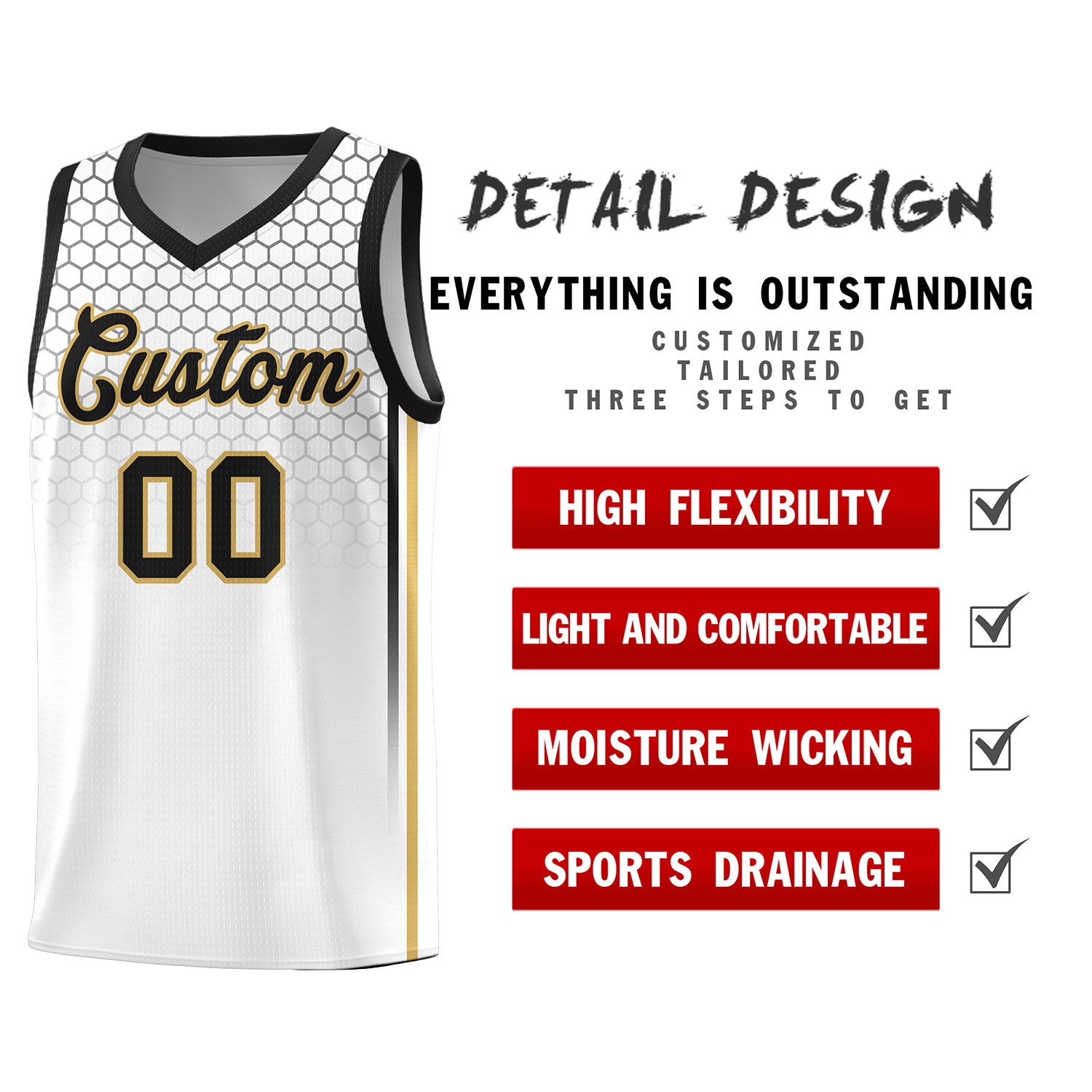 Custom White Personalized Honeycomb Pattern Sports Uniform Basketball Jersey