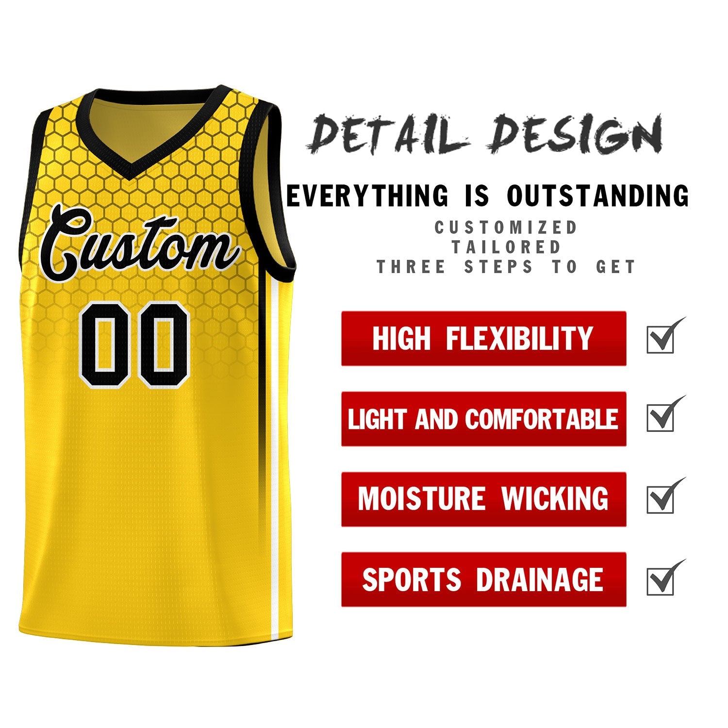 Custom Gold Personalized Honeycomb Pattern Sports Uniform Basketball Jersey