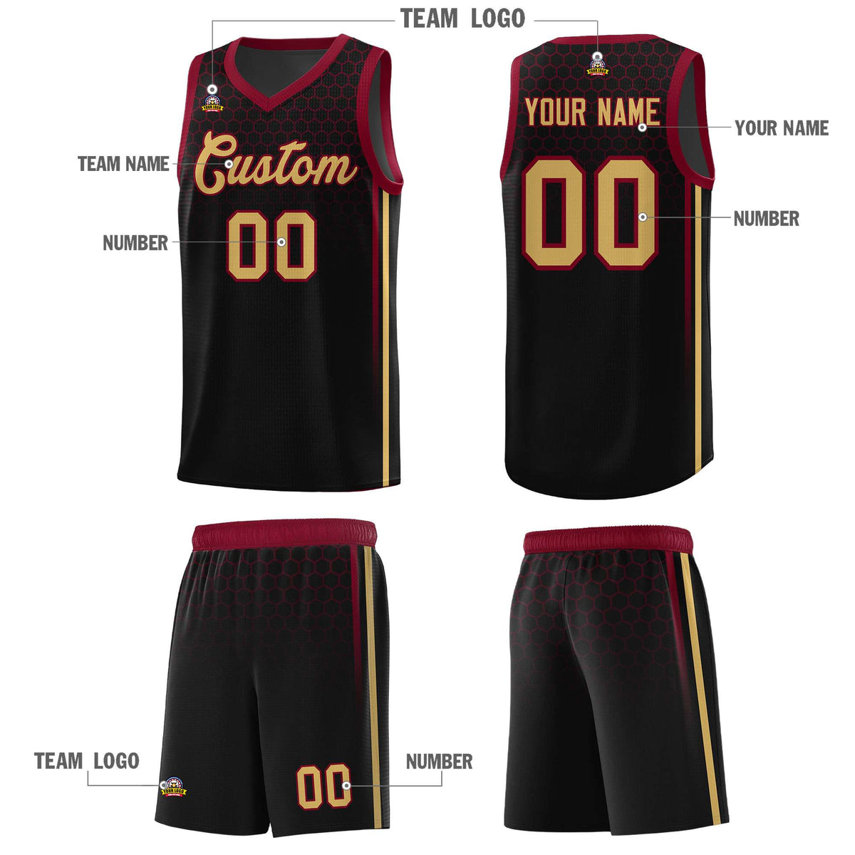 Custom Black Personalized Honeycomb Pattern Sports Uniform Basketball Jersey
