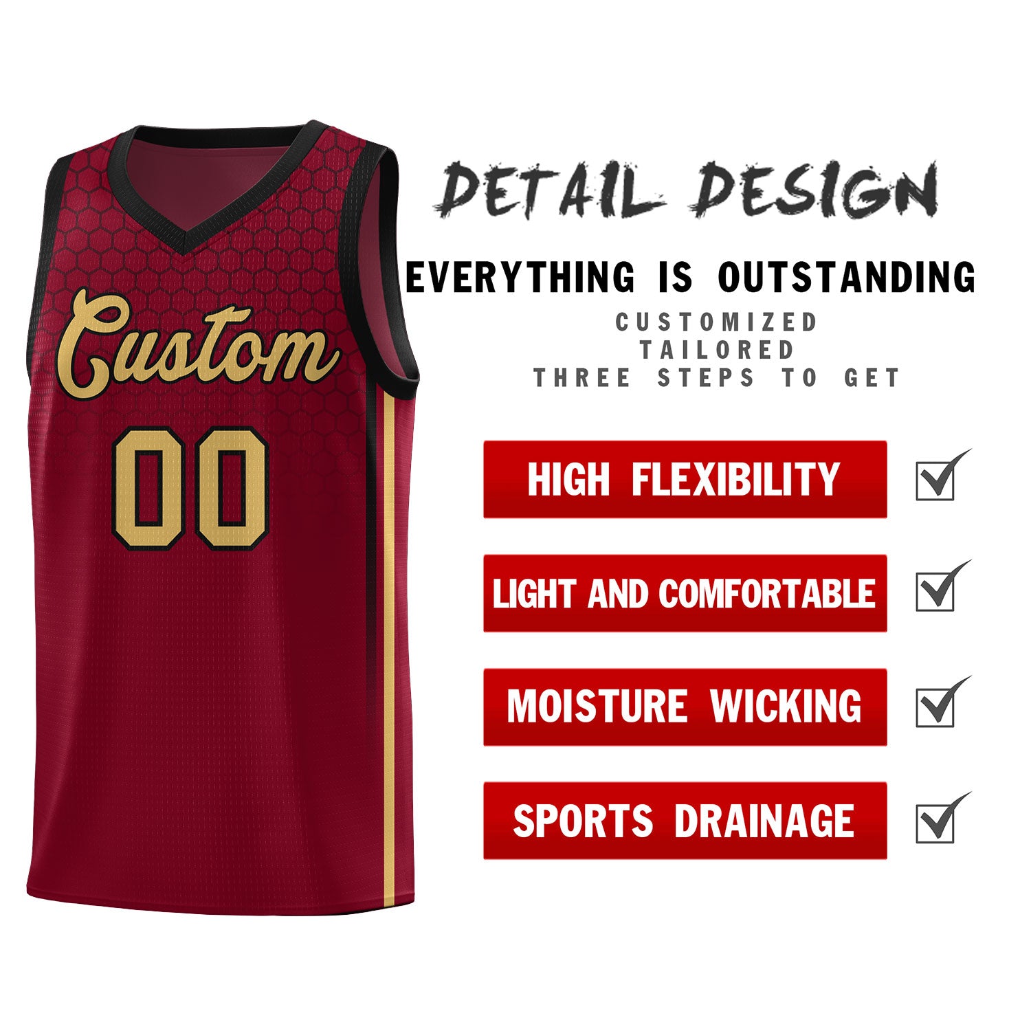Custom Crimson Personalized Honeycomb Pattern Sports Uniform Basketball Jersey