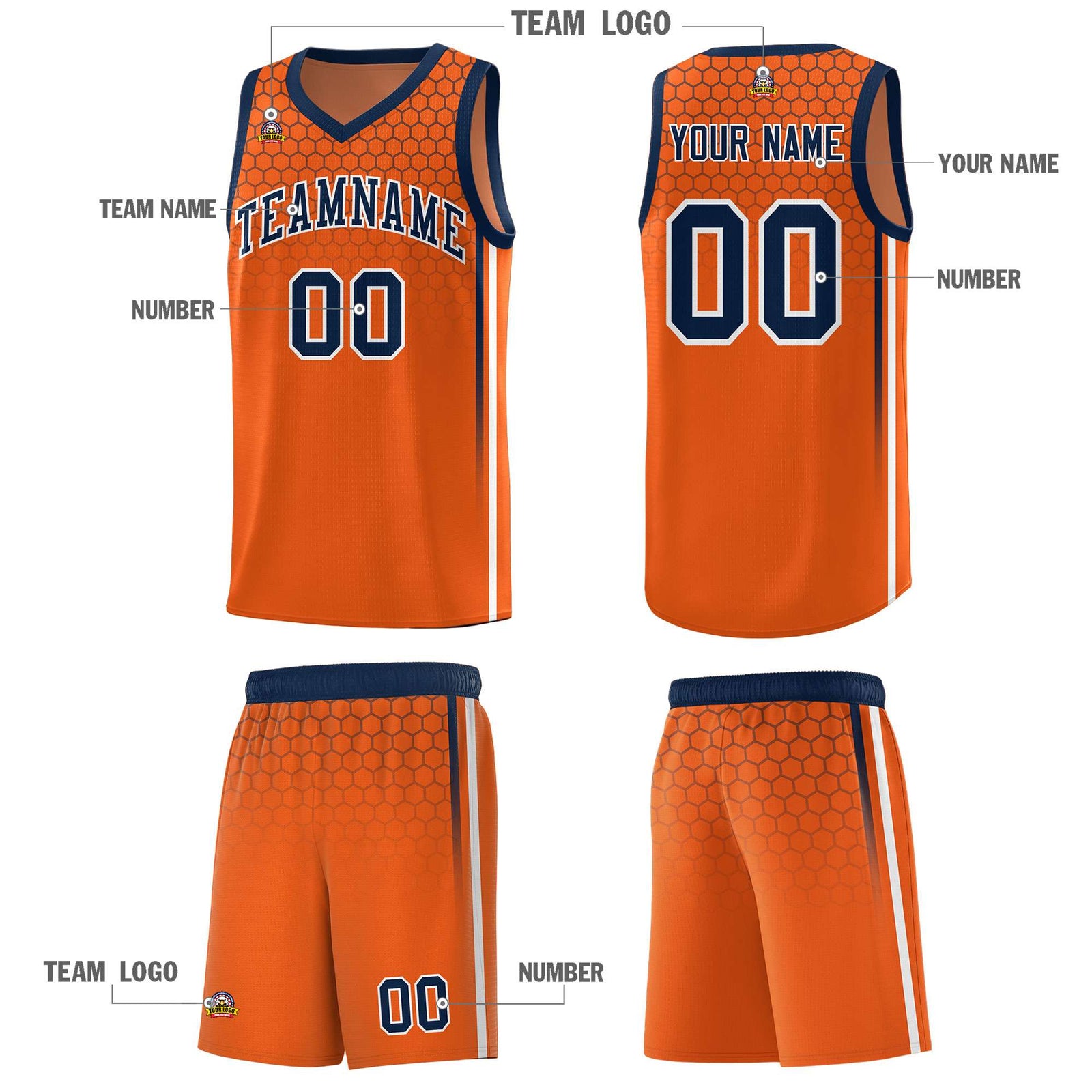 Custom Texas Orange Personalized Honeycomb Pattern Sports Uniform Basketball Jersey