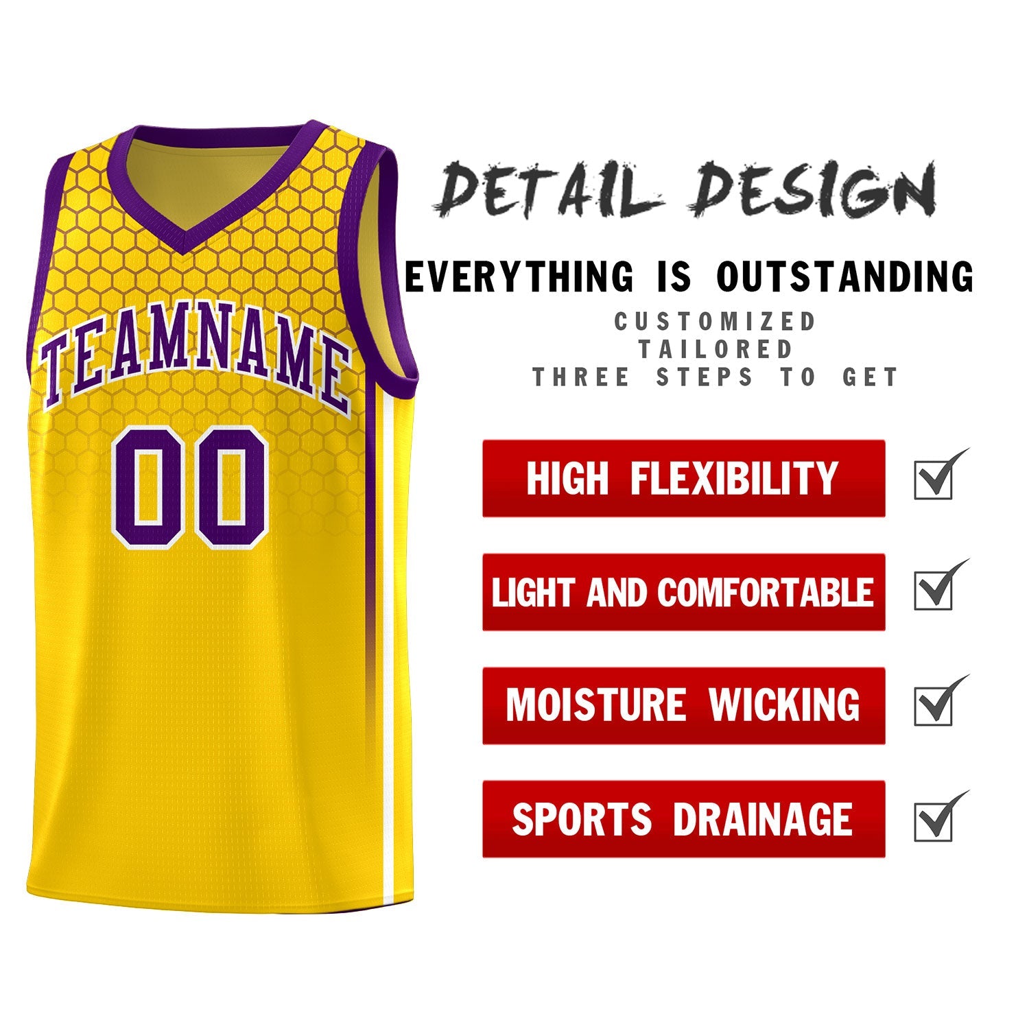 Custom Gold Personalized Honeycomb Pattern Sports Uniform Basketball Jersey