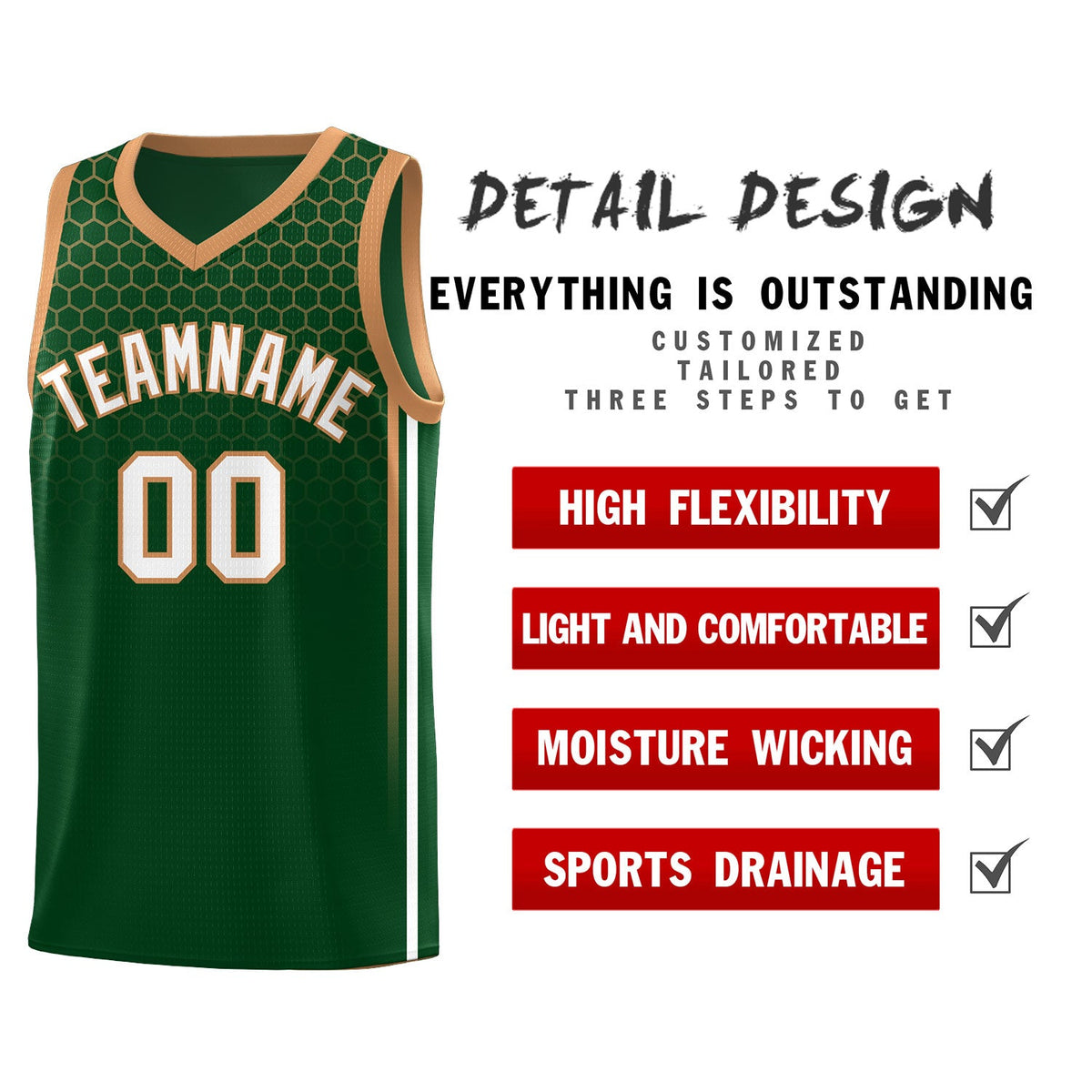 Custom Green Personalized Honeycomb Pattern Sports Uniform Basketball Jersey