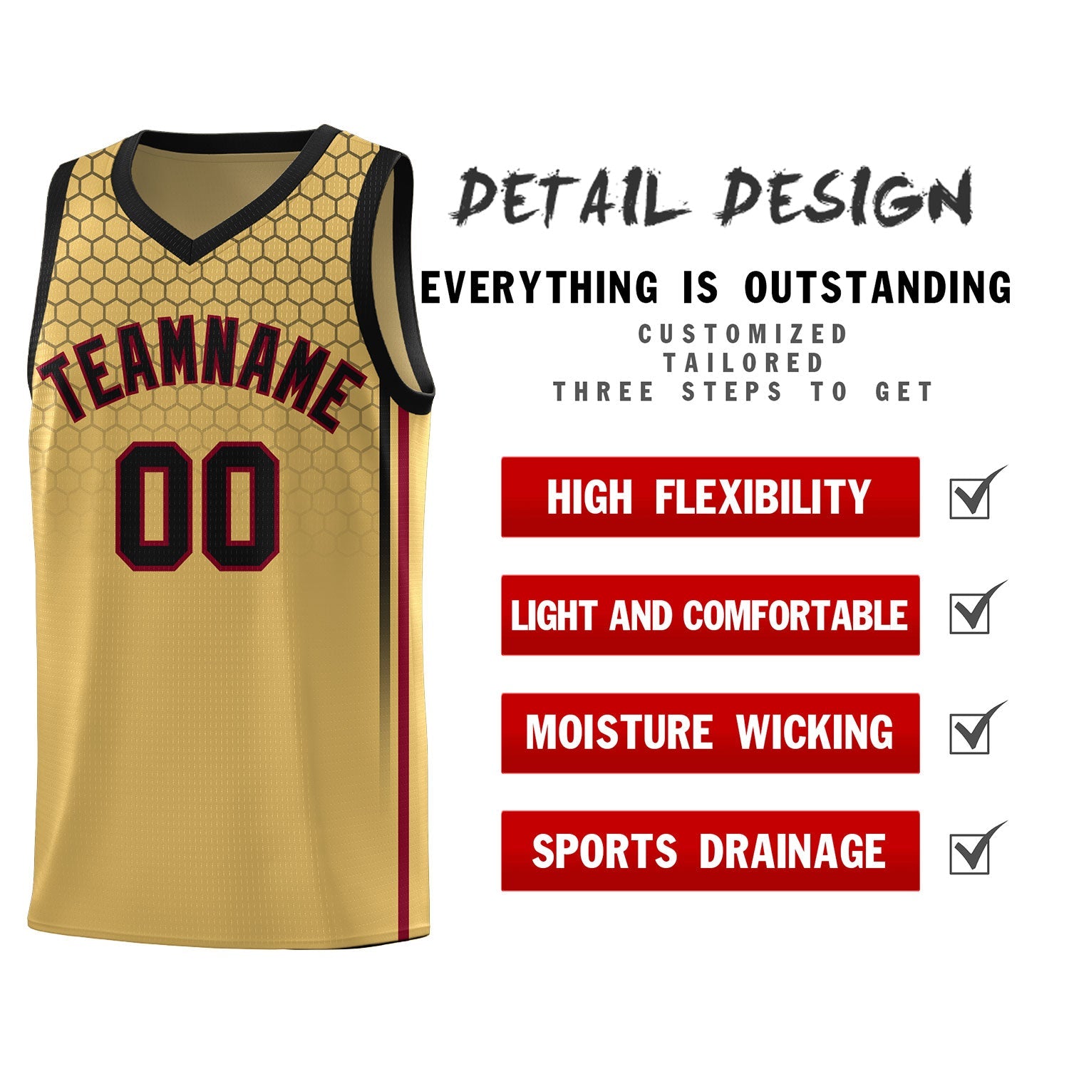 Custom Old Gold Personalized Honeycomb Pattern Sports Uniform Basketball Jersey