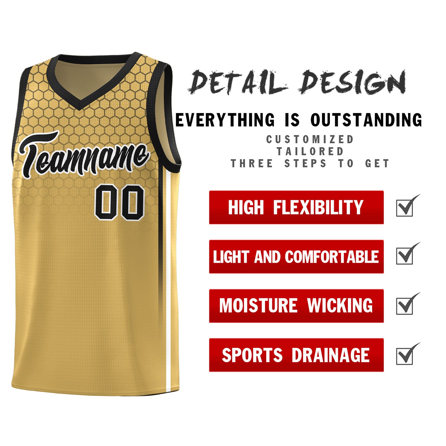 Custom Old Gold Personalized Honeycomb Pattern Sports Uniform Basketball Jersey
