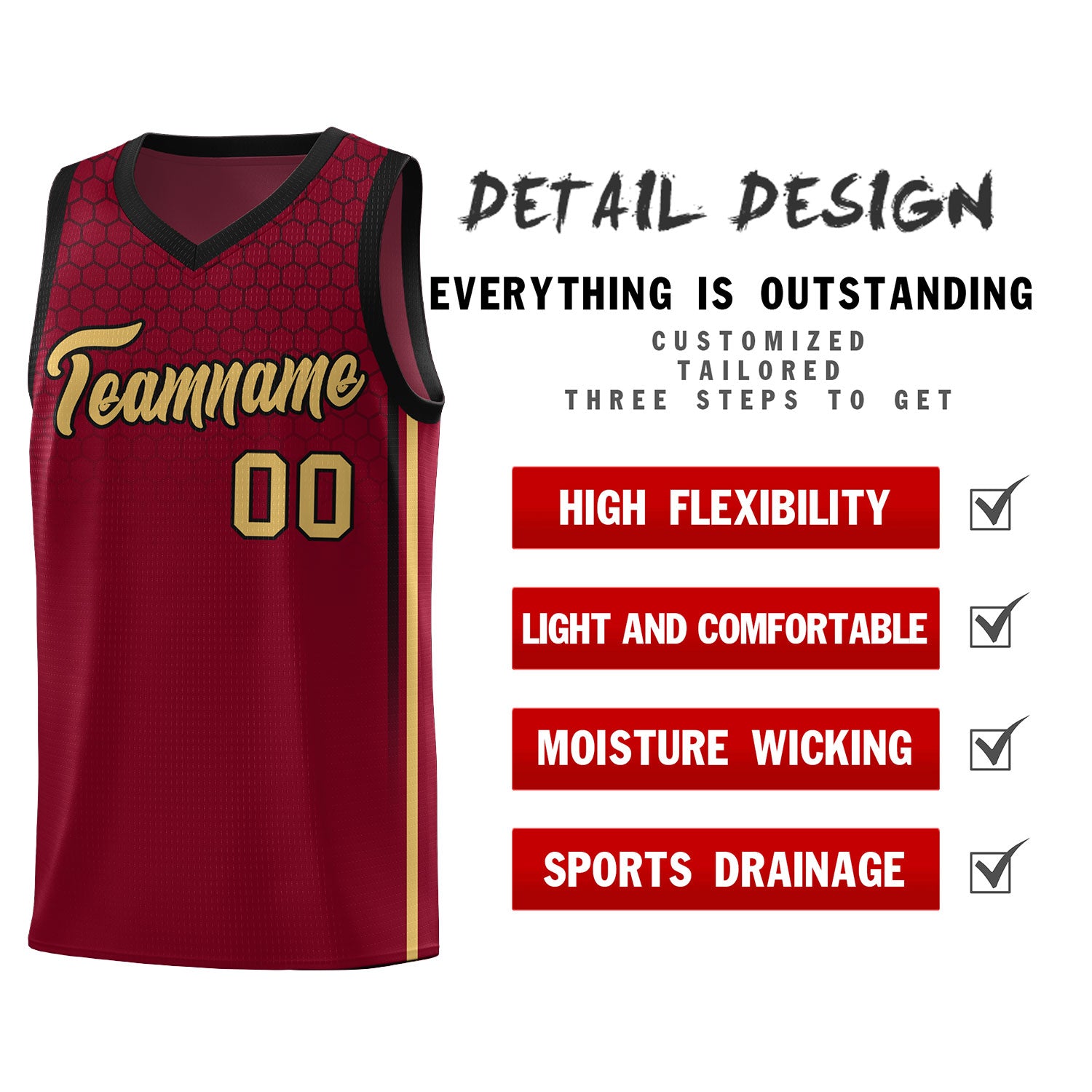 Custom Crimson Personalized Honeycomb Pattern Sports Uniform Basketball Jersey