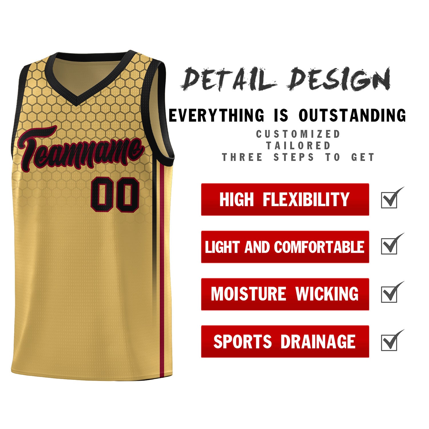 Custom Old Gold Personalized Honeycomb Pattern Sports Uniform Basketball Jersey