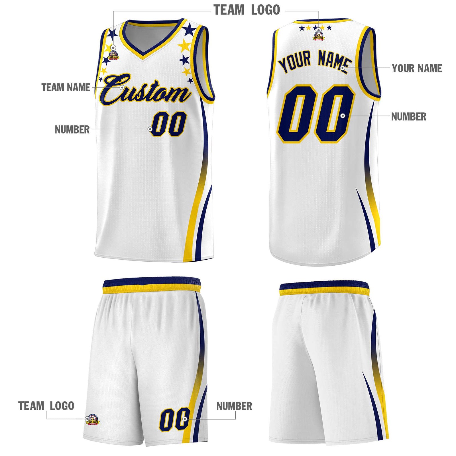 Custom White Shoulders Star Pattern Side Color Block Sports Uniform Basketball Kits
