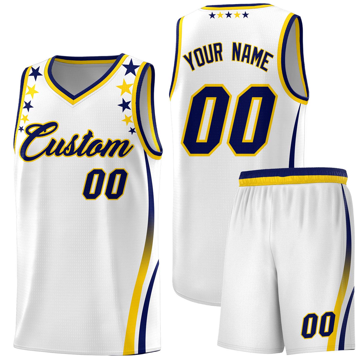 Custom White Shoulders Star Pattern Side Color Block Sports Uniform Basketball Kits