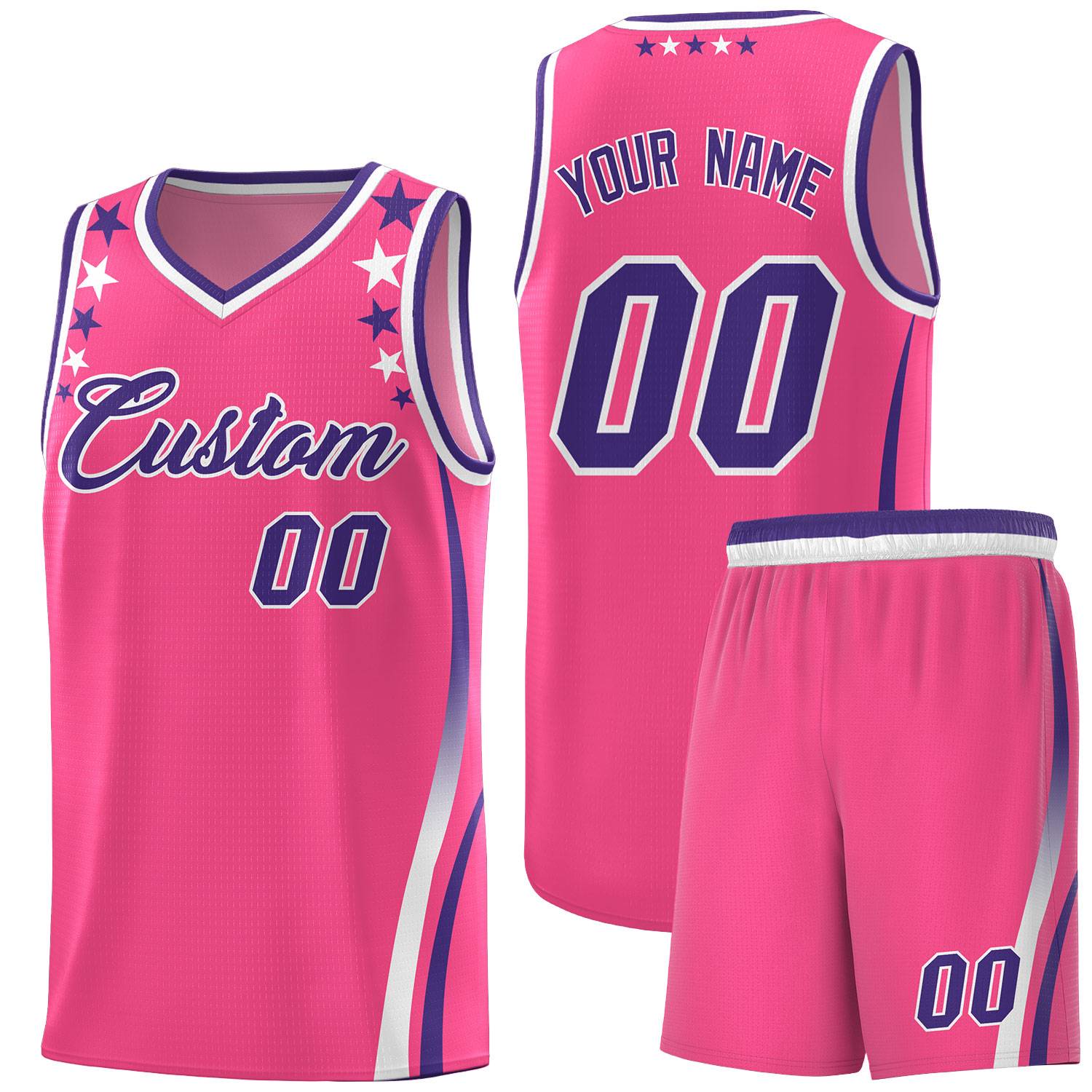 Custom Pink Shoulders Star Pattern Side Color Block Sports Uniform Basketball Kits