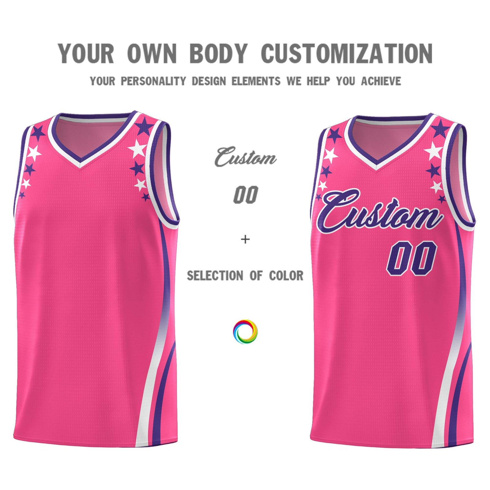 Custom Pink Shoulders Star Pattern Side Color Block Sports Uniform Basketball Kits