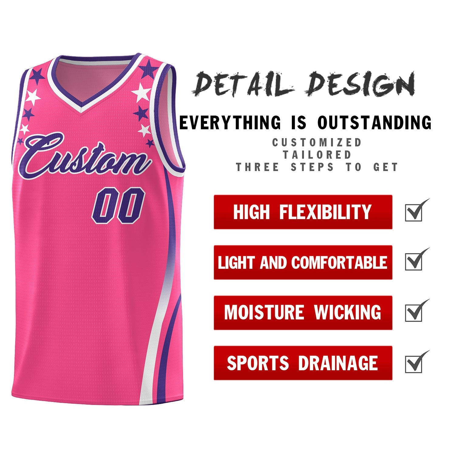 Custom Pink Shoulders Star Pattern Side Color Block Sports Uniform Basketball Kits