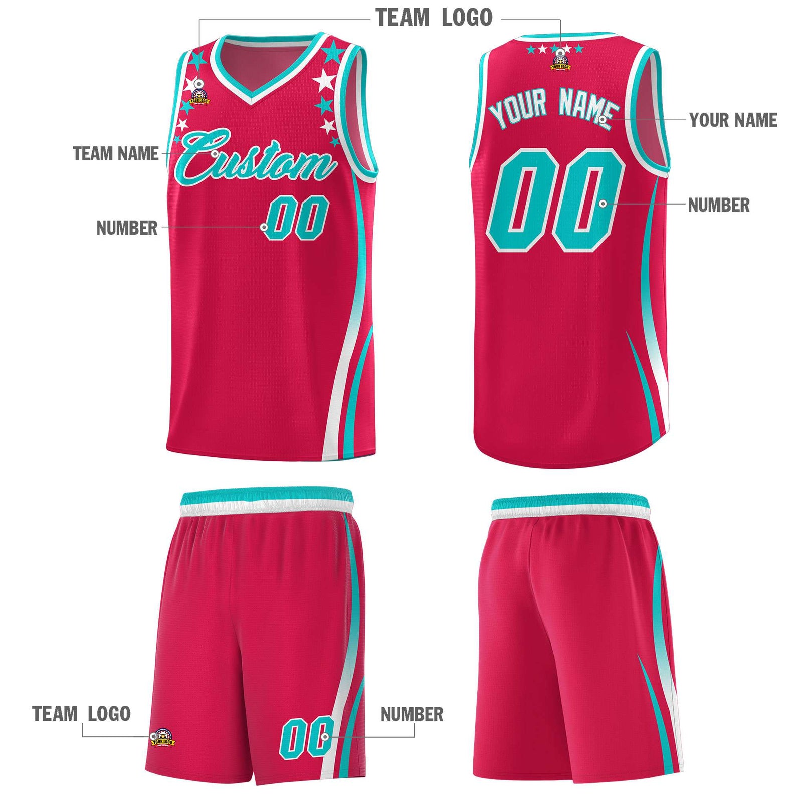 Custom Red Shoulders Star Pattern Side Color Block Sports Uniform Basketball Kits
