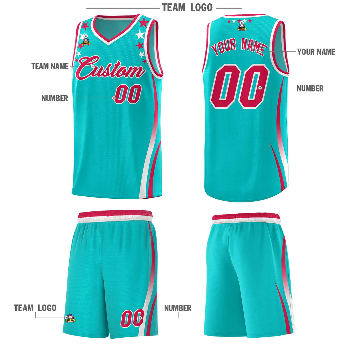 Custom Sky Blue Shoulders Star Pattern Side Color Block Sports Uniform Basketball Kits