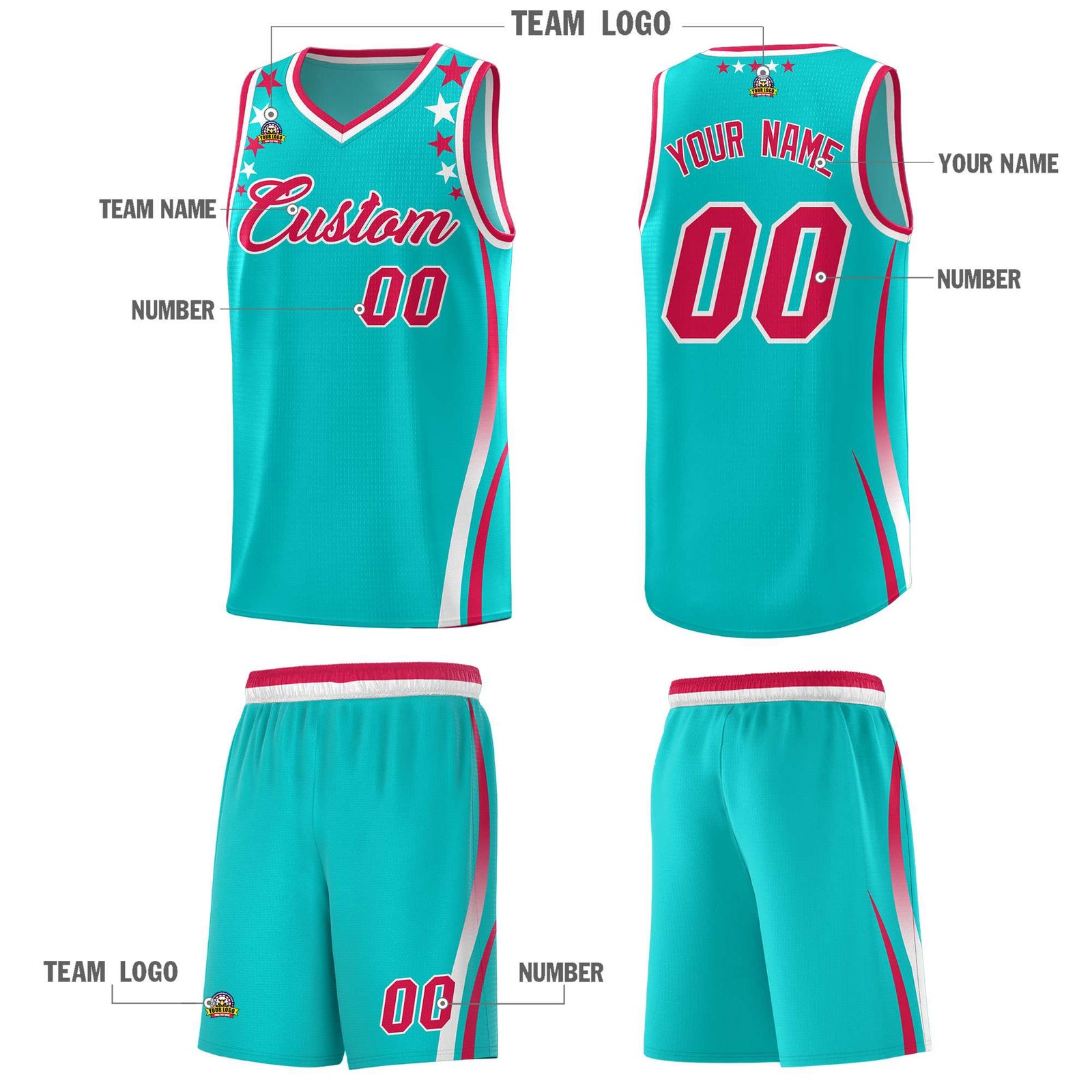 Custom Sky Blue Shoulders Star Pattern Side Color Block Sports Uniform Basketball Kits