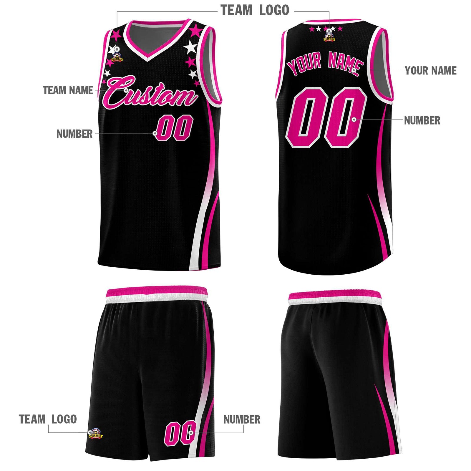 Custom Black Shoulders Star Pattern Side Color Block Sports Uniform Basketball Kits