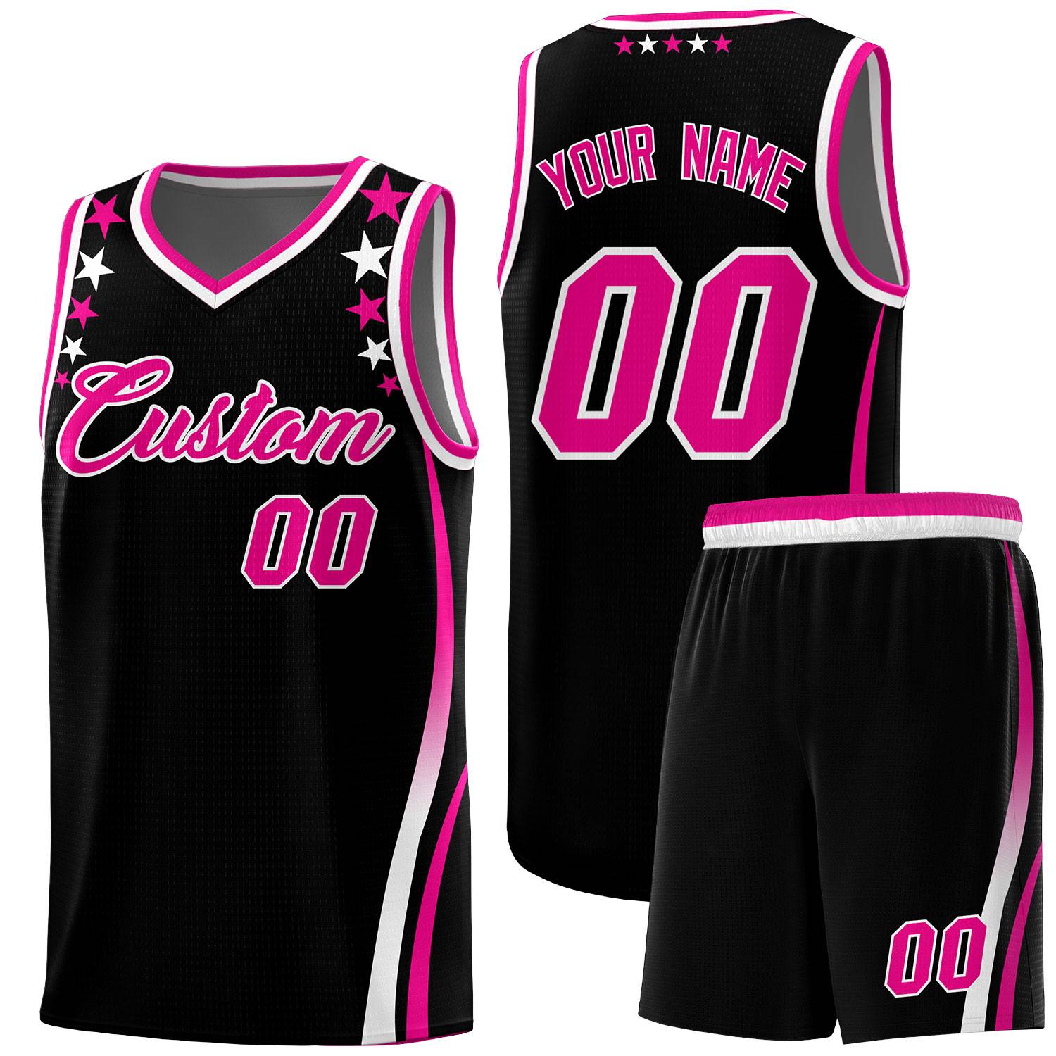 Custom Black Shoulders Star Pattern Side Color Block Sports Uniform Basketball Kits