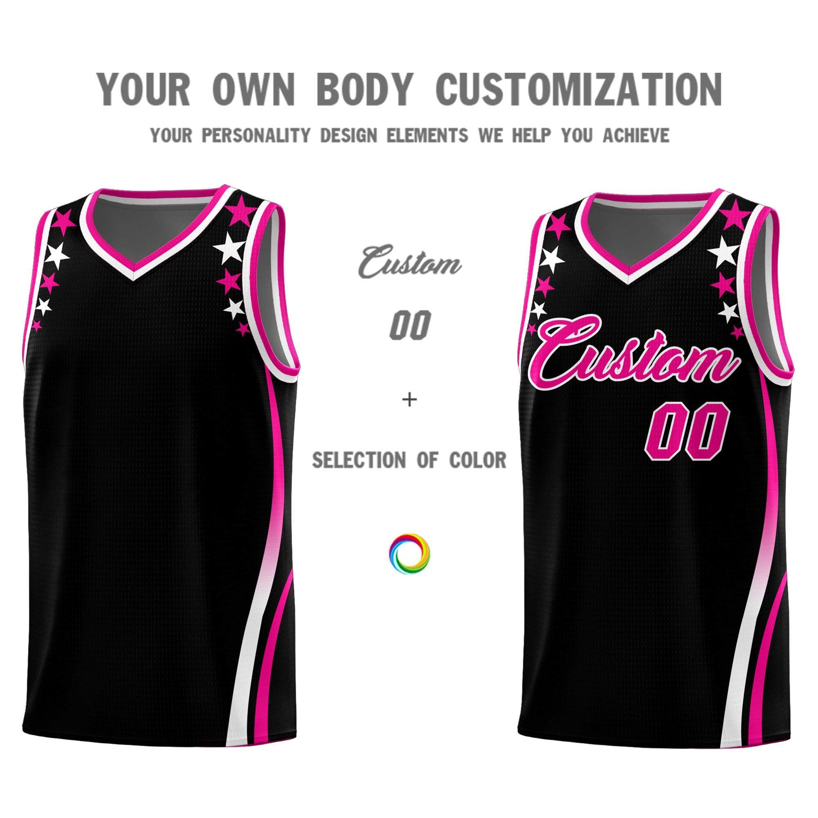 Custom Black Shoulders Star Pattern Side Color Block Sports Uniform Basketball Kits