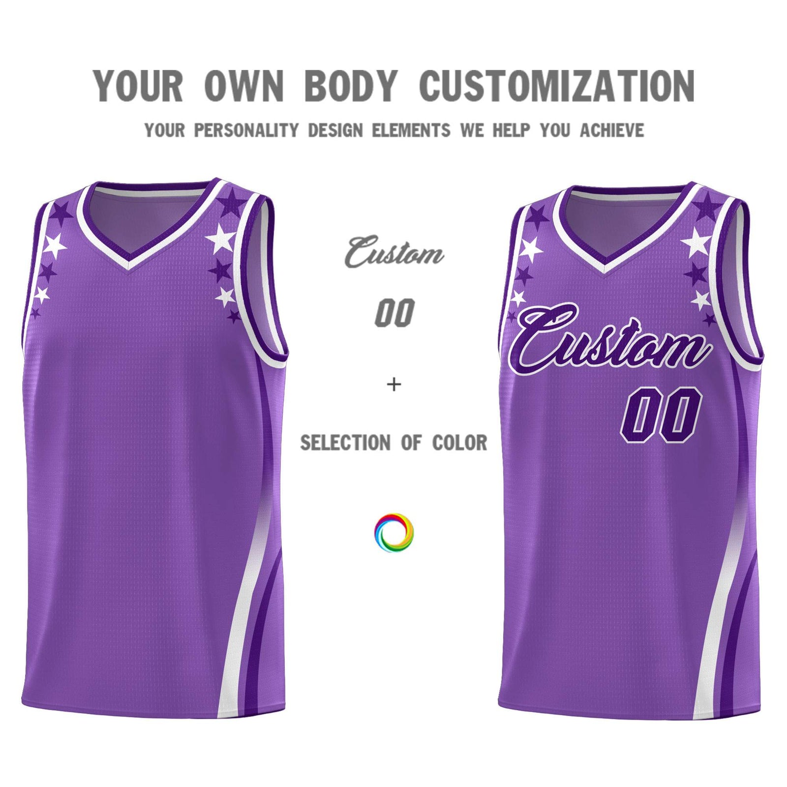 Custom Light Purple Shoulders Star Pattern Side Color Block Sports Uniform Basketball Kits