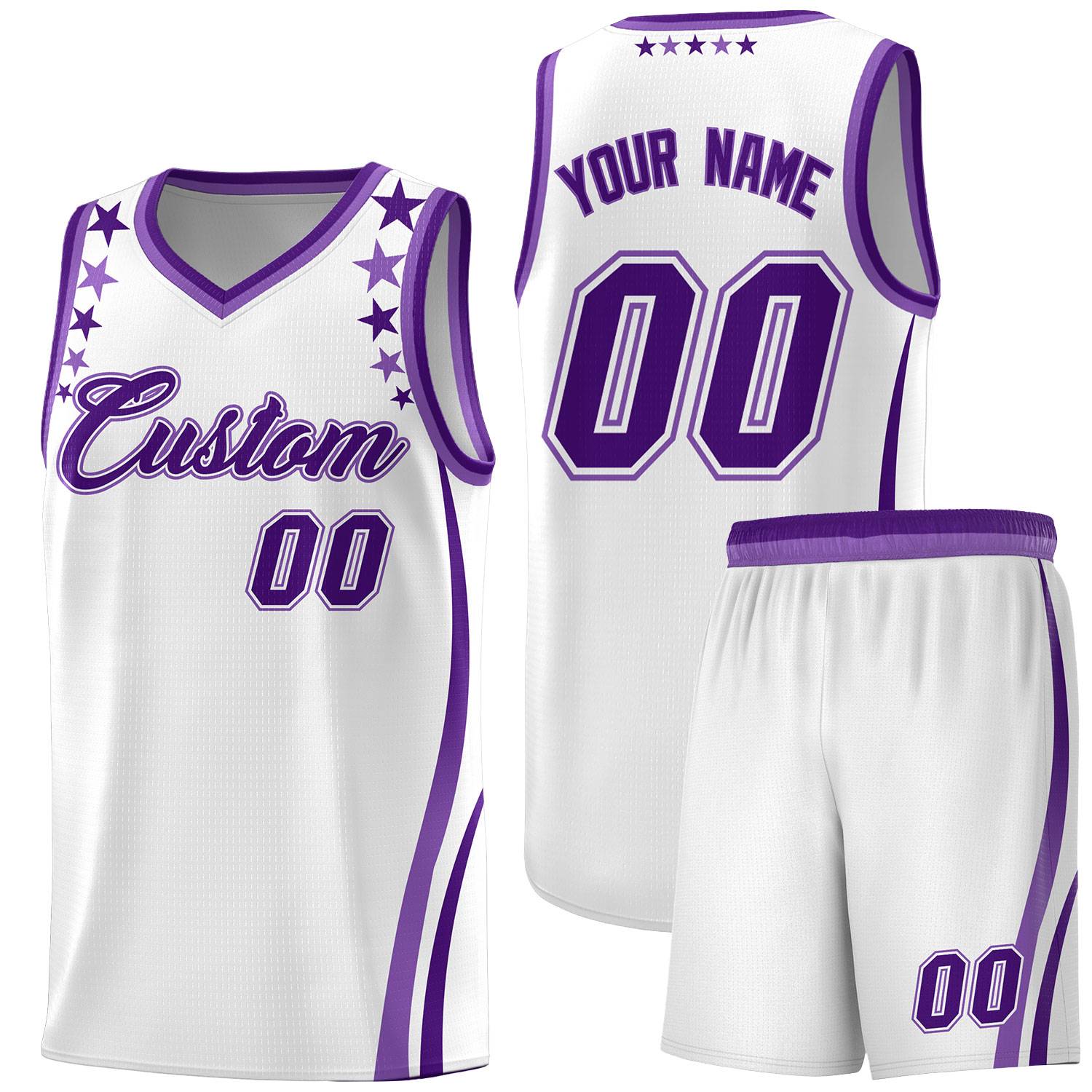 Custom White Shoulders Star Pattern Side Color Block Sports Uniform Basketball Kits