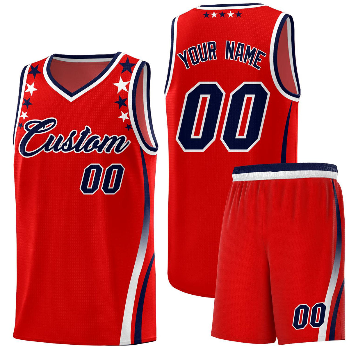 Custom Red Shoulders Star Pattern Side Color Block Sports Uniform Basketball Kits