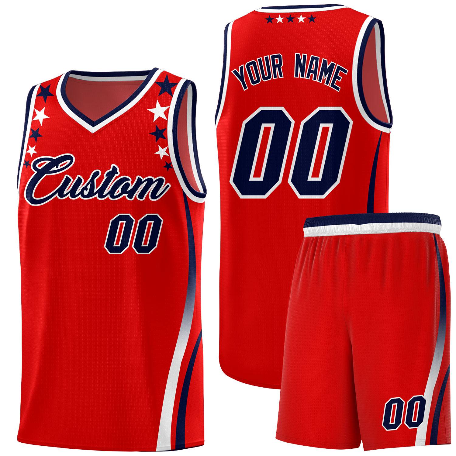 Custom Red Shoulders Star Pattern Side Color Block Sports Uniform Basketball Kits