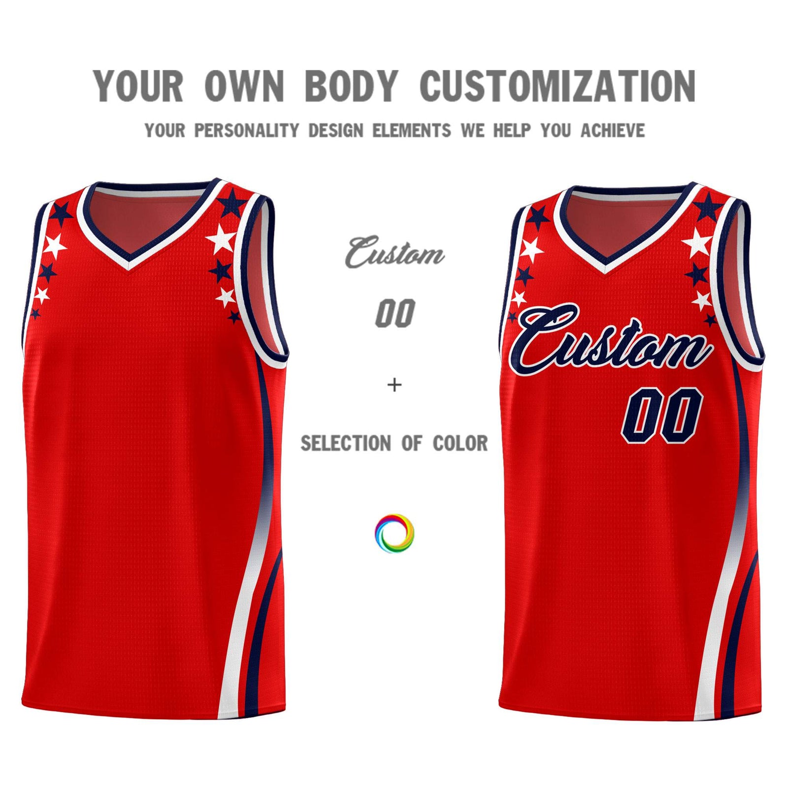 Custom Red Shoulders Star Pattern Side Color Block Sports Uniform Basketball Kits