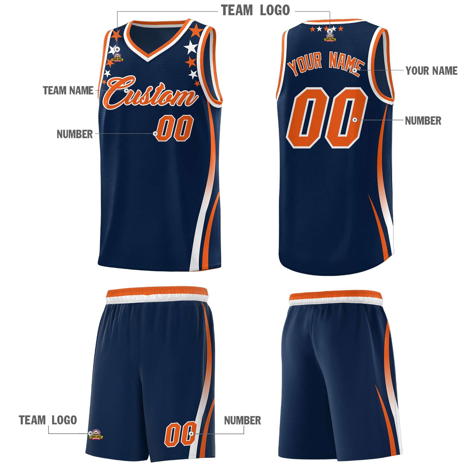 Custom Navy Shoulders Star Pattern Side Color Block Sports Uniform Basketball Kits