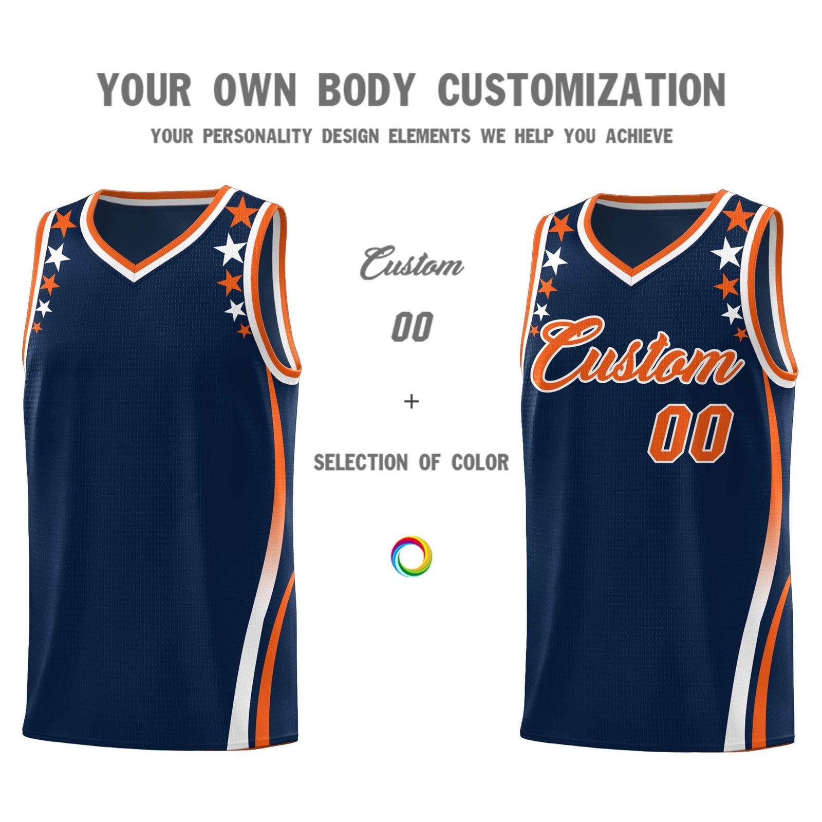 Custom Navy Shoulders Star Pattern Side Color Block Sports Uniform Basketball Kits