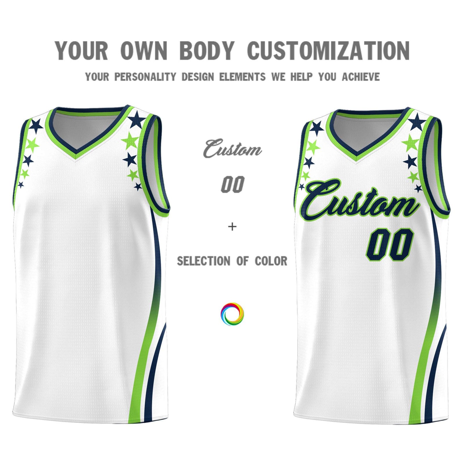 Custom White Shoulders Star Pattern Side Color Block Sports Uniform Basketball Kits