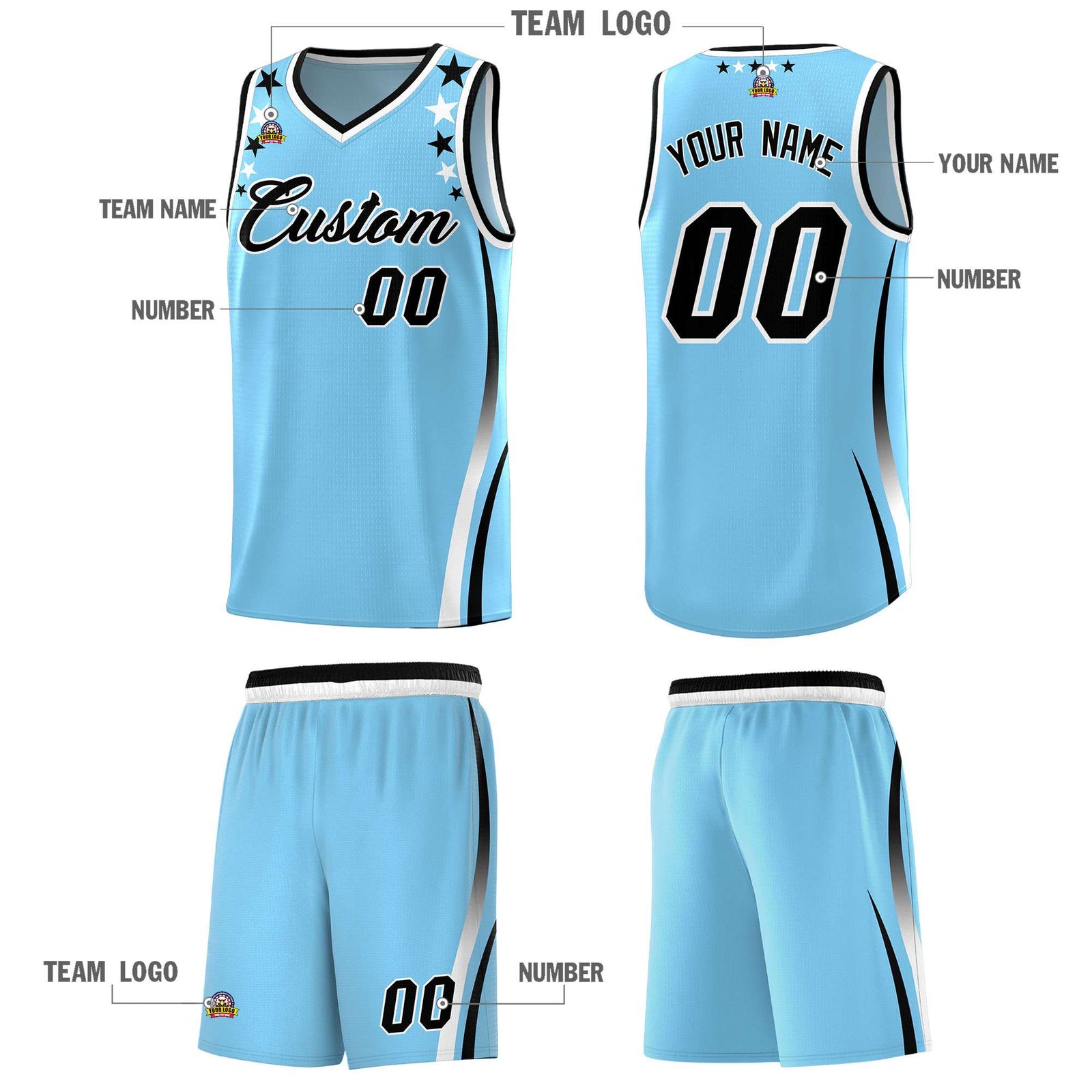 Custom Light Blue Shoulders Star Pattern Side Color Block Sports Uniform Basketball Kits